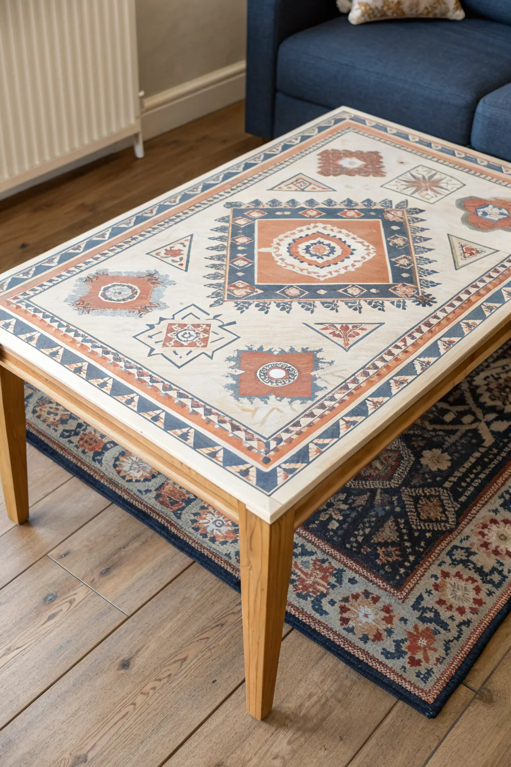 Faux rug painted coffee table top adds boho charm with crisp borders and bold contrast.