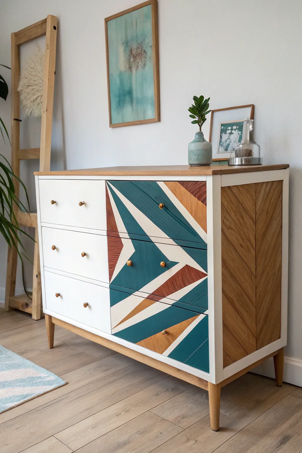 Crisp tape-made geometric stripes turn a simple dresser into bold, modern Scandinavian boho.