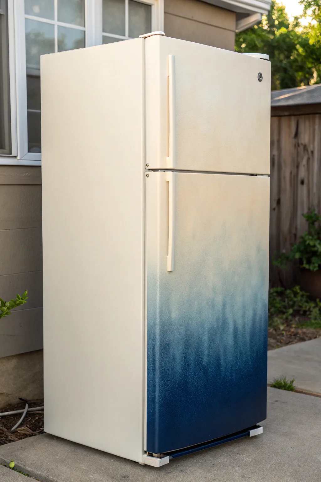 Smooth ombre fridge makeover, from deep indigo to creamy ivory for a chic minimal kitchen.