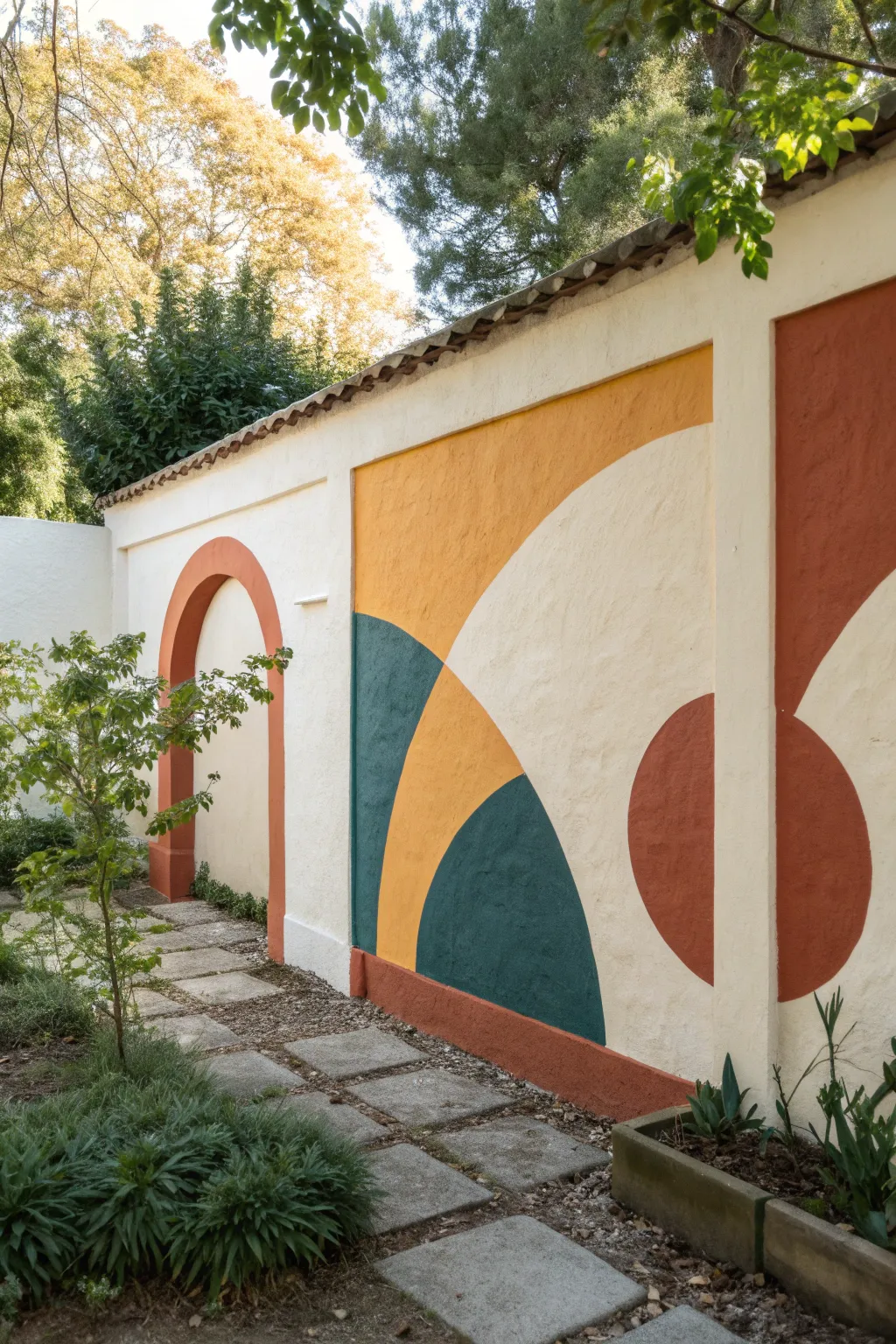 Oversized arches and circles create a clean, bold garden backdrop with an easy DIY feel.