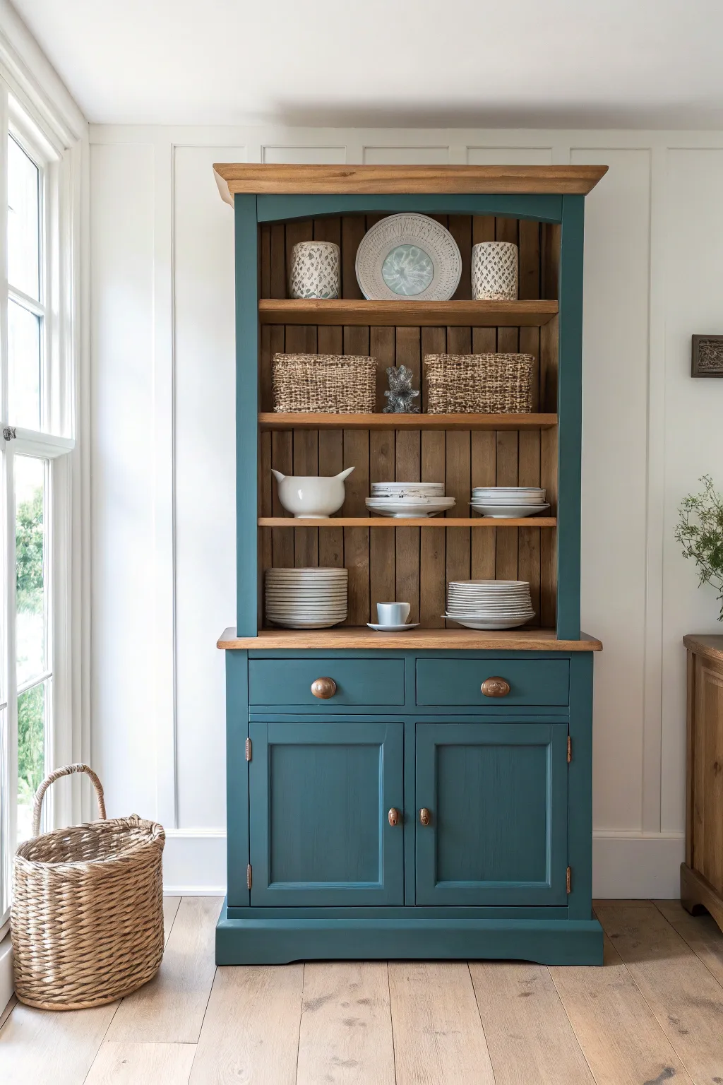 Doorless painted hutch turned open shelves, styled with plates and bowls for minimalist boho contrast.