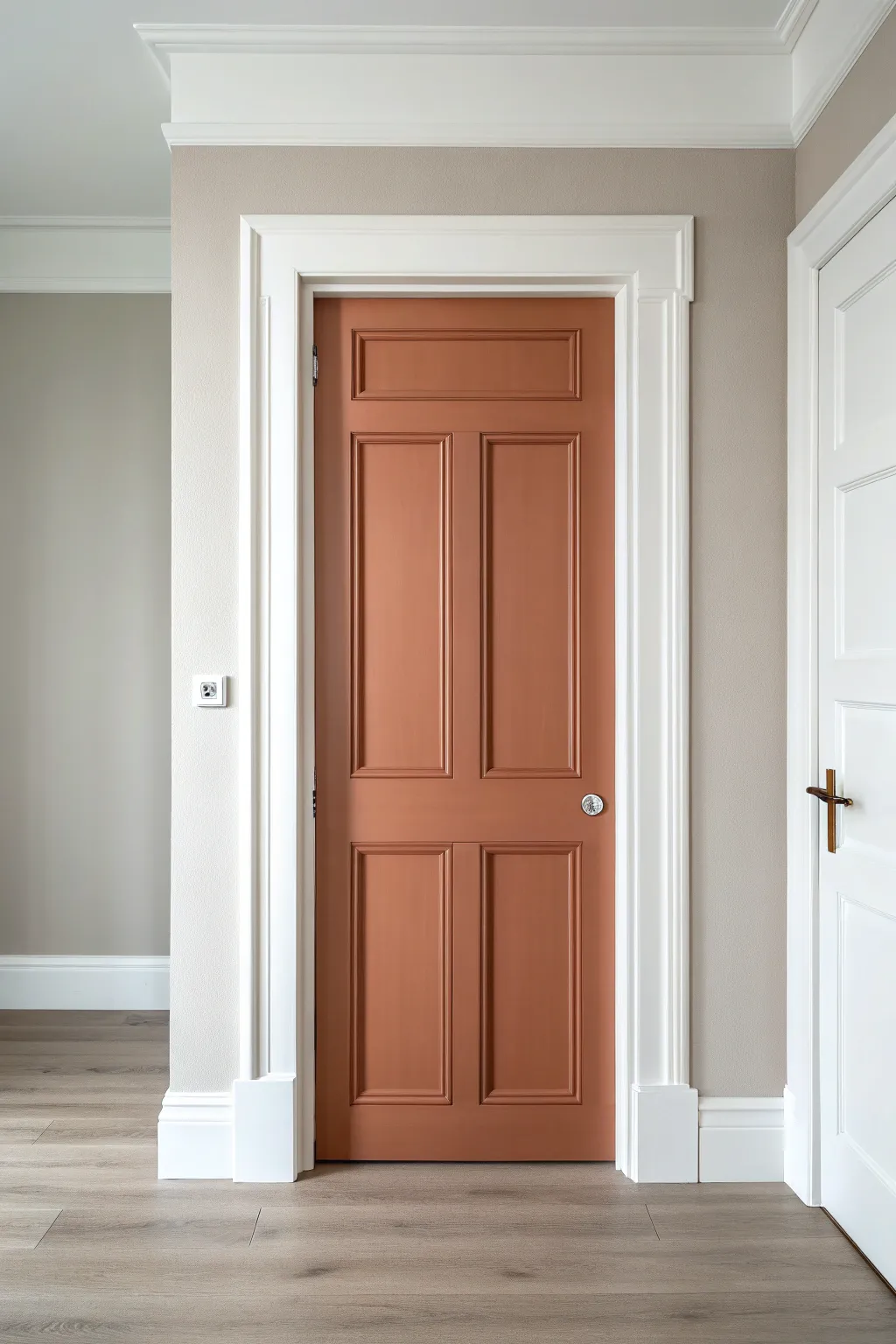 Two-tone interior door: bold painted center panel with crisp frame for modern boho contrast