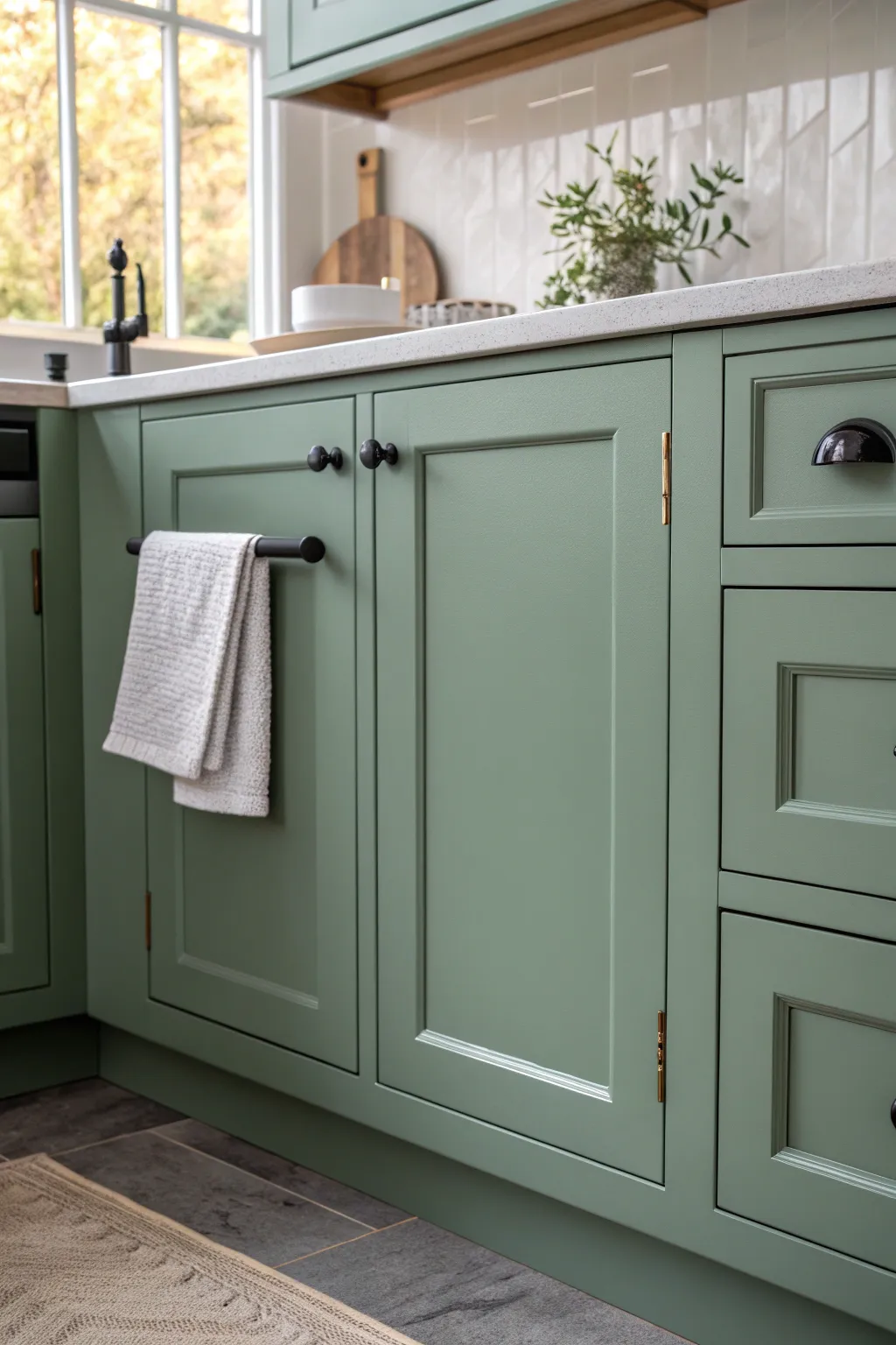 Satin-painted cabinet door with a soft sheen and linen towel detail for easy-clean everyday style.