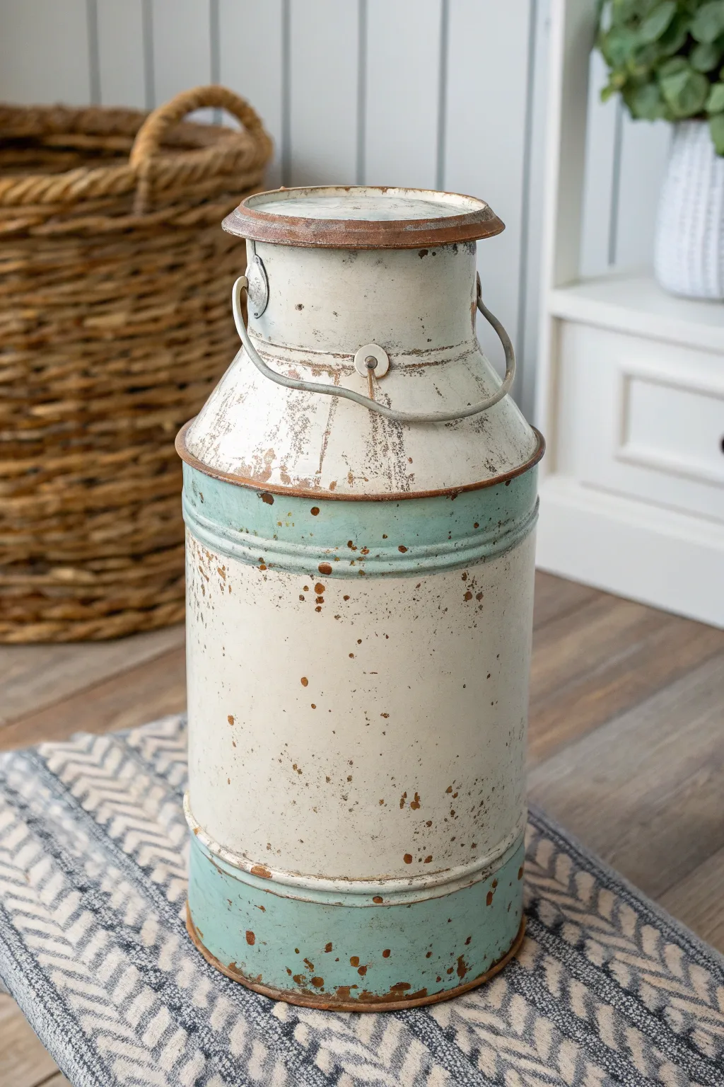 Chippy cottage milk can in ivory and teal, styled with warm boho texture and clean contrast.
