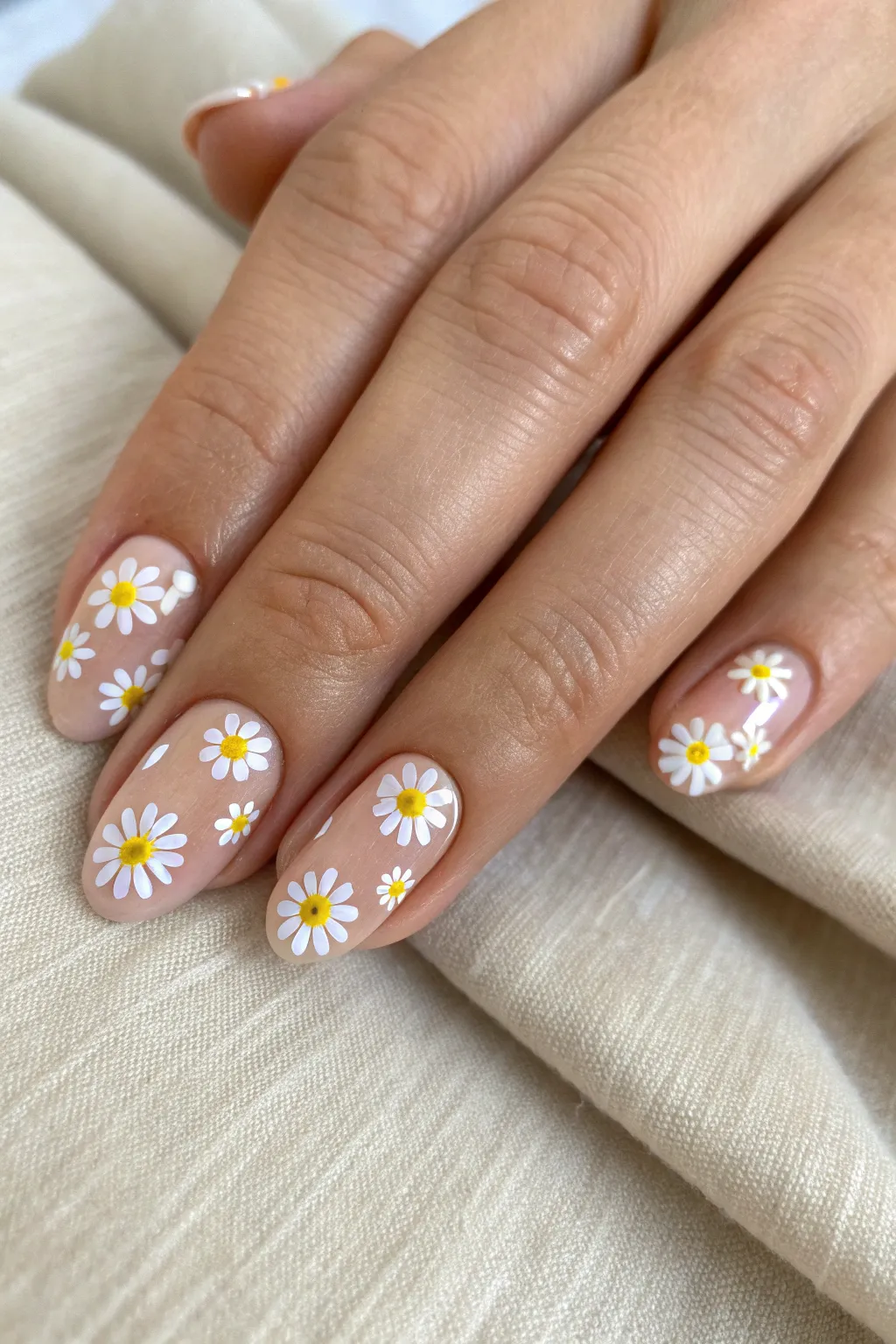 Sheer pink daisy nails with crisp white petals and sunny yellow centers for a fresh spring look