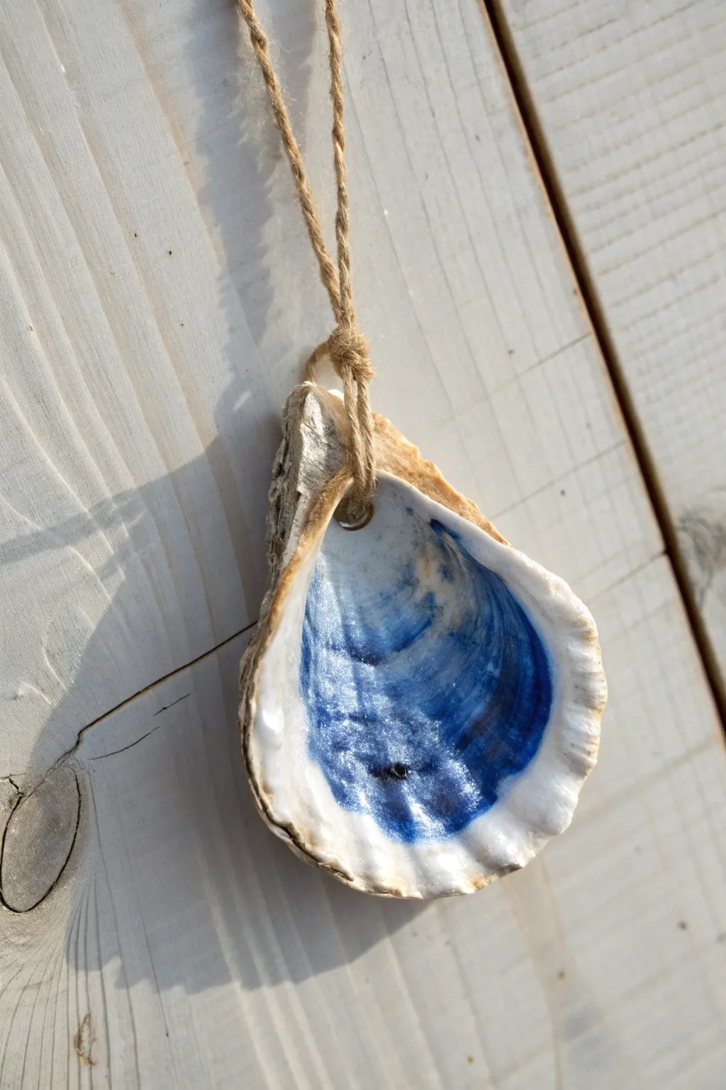 Drilled oyster shell ornament with a bold painted rim, minimal twine hanger, and clean modern contrast.