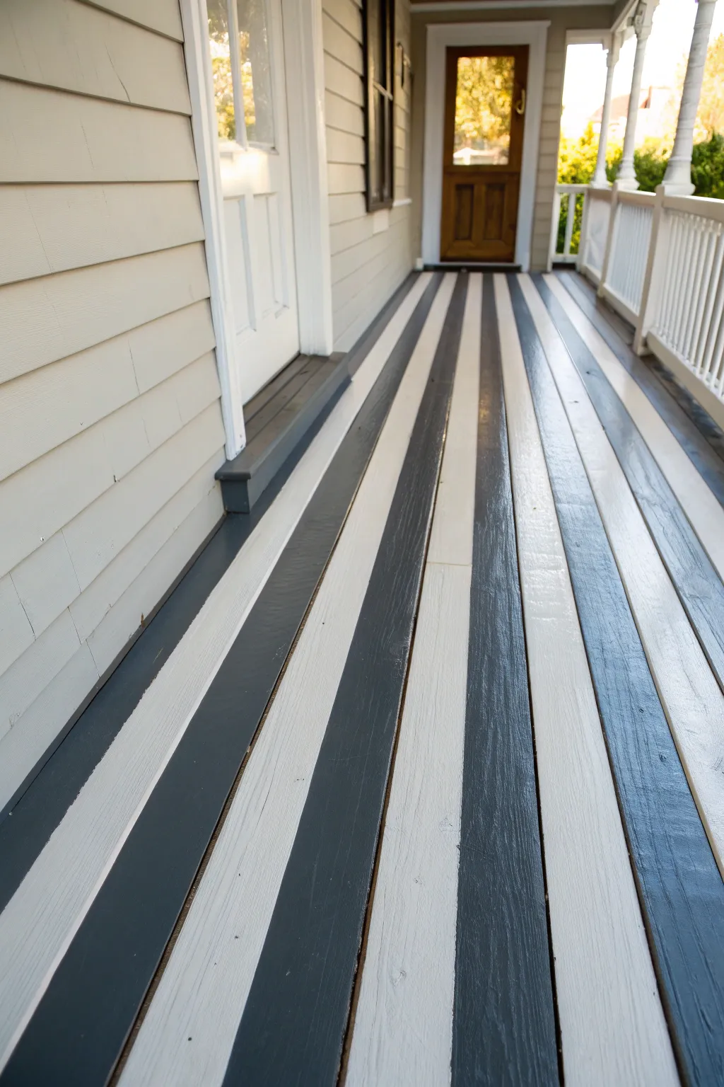 Classic striped porch floor that visually lengthens the space with crisp, high-contrast lines