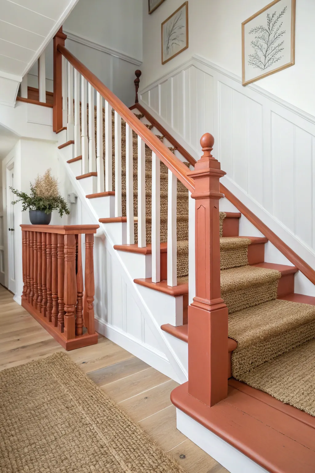 Painted spindles and handrail echo the runner for a calm, cohesive staircase moment.