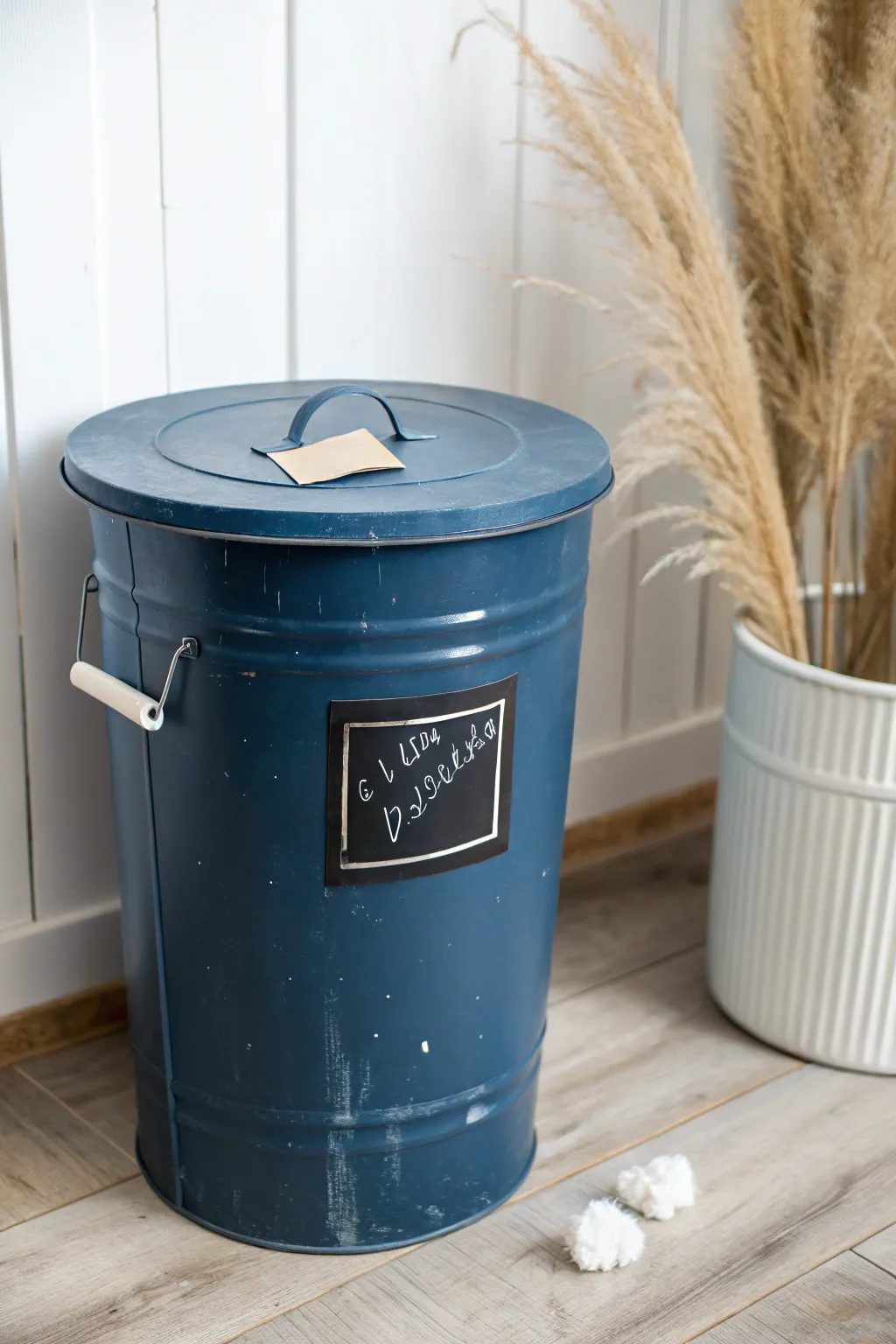 Crisp chalkboard label panel on a bold painted bin for minimalist, boho-inspired sorting.