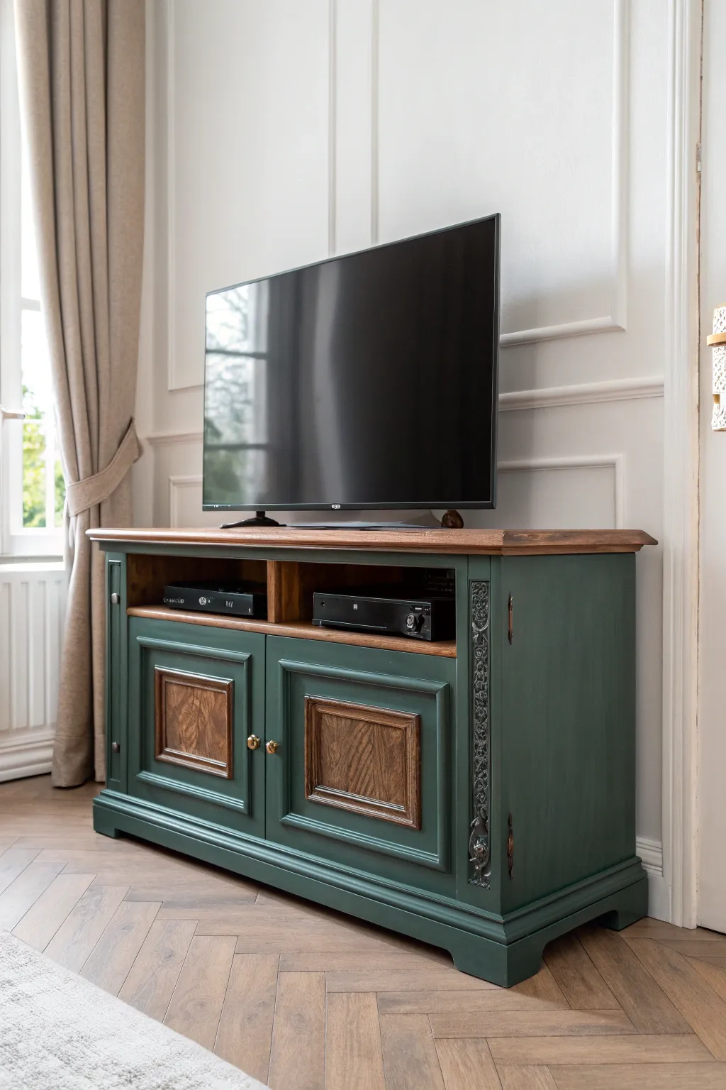Glazed finish adds depth to a bold painted TV stand, highlighting grooves and craftsmanship.