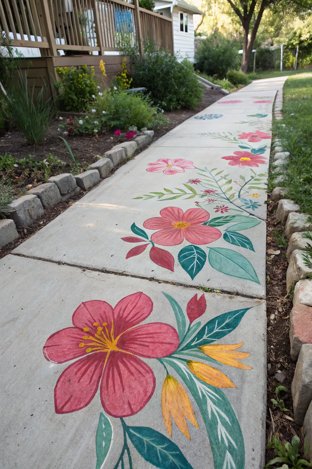 Oversized corner blooms brighten a clean concrete path, bold color meets minimalist calm.