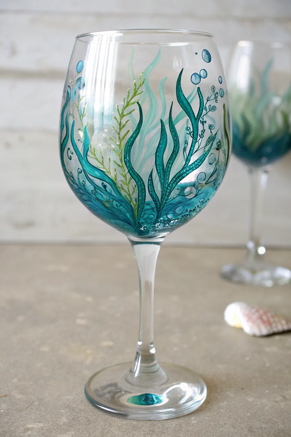 Under-the-sea wraparound wine glass: seaweed + floating bubbles in bold ocean hues on dark