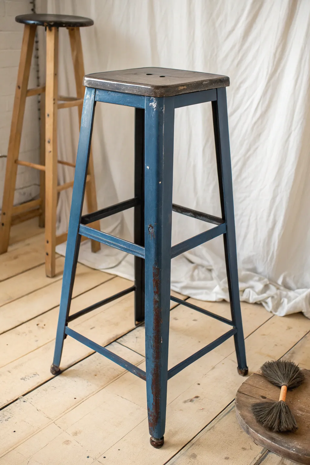 Rust-smart refresh: from dull to daring, a metal bar stool makeover with prep tools beside it.