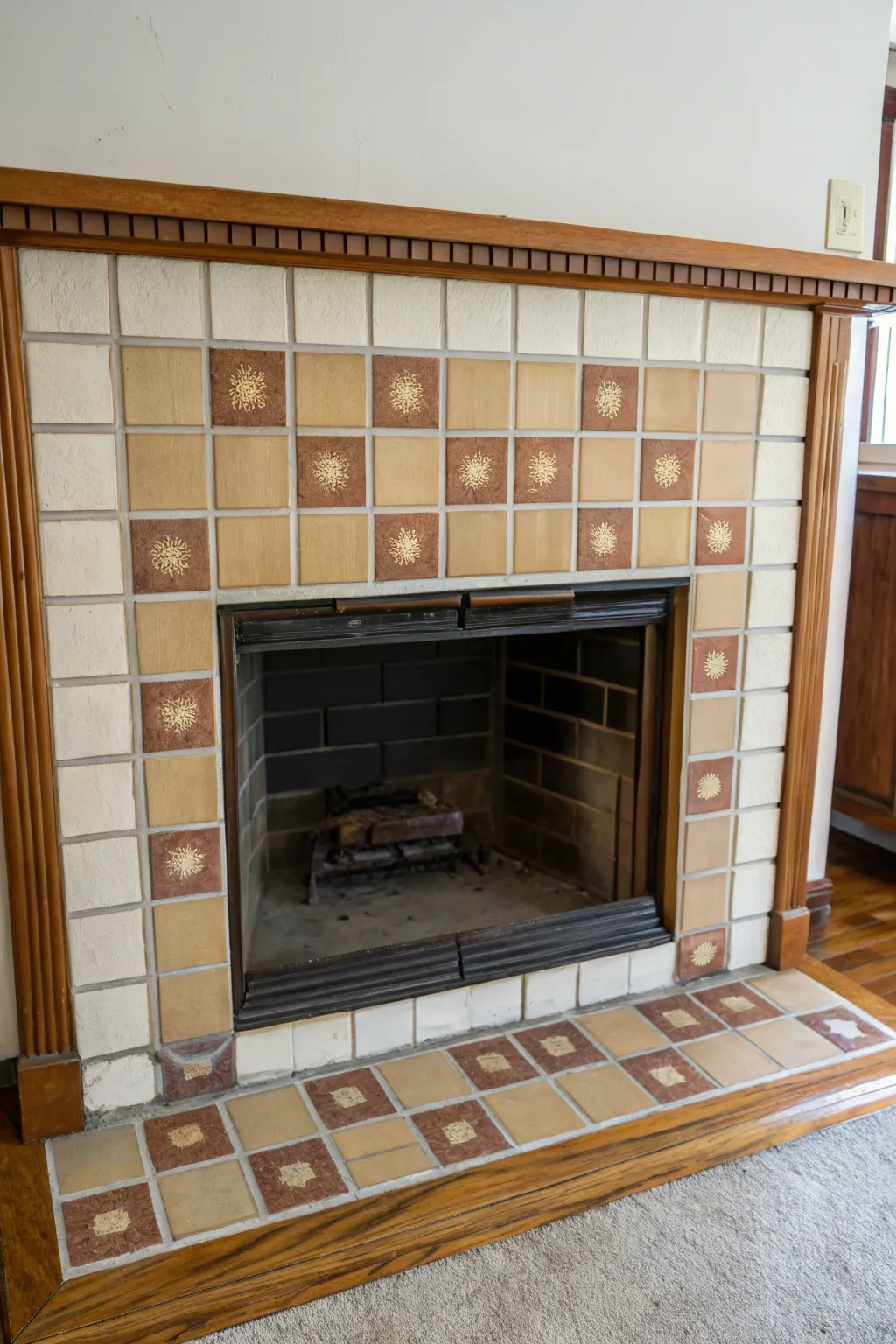 Tape, roll, and peel for crisp checkerboard fireplace tiles with bold, modern contrast.