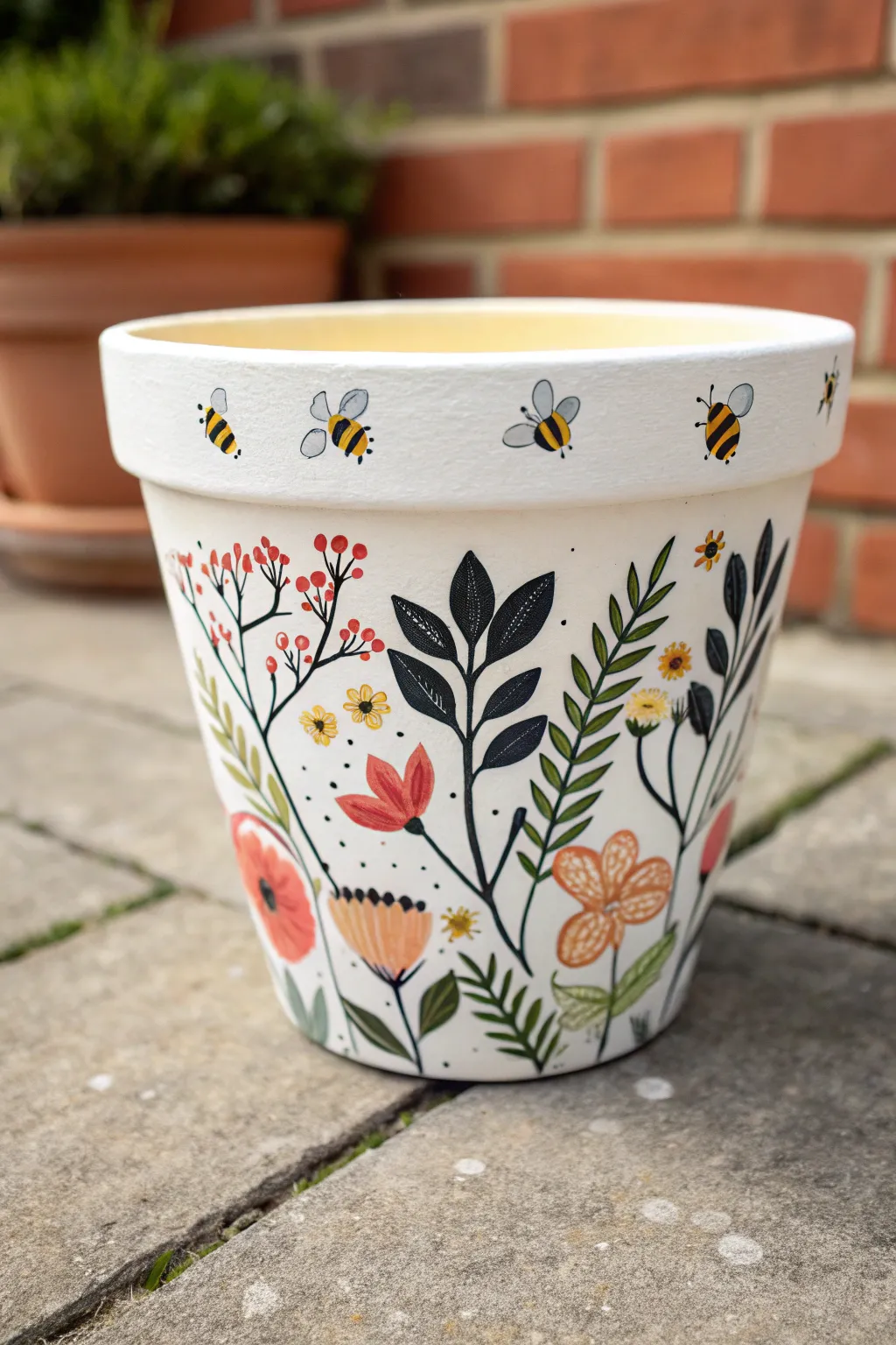Cute bee and wildflower painted pot idea that pops in the garden, minimalist and cheerful.