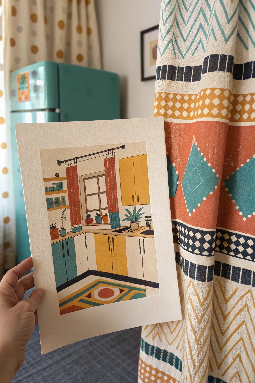 Mid-century kitchen painting idea with a rounded fridge, simple shapes, and bold faded vintage color