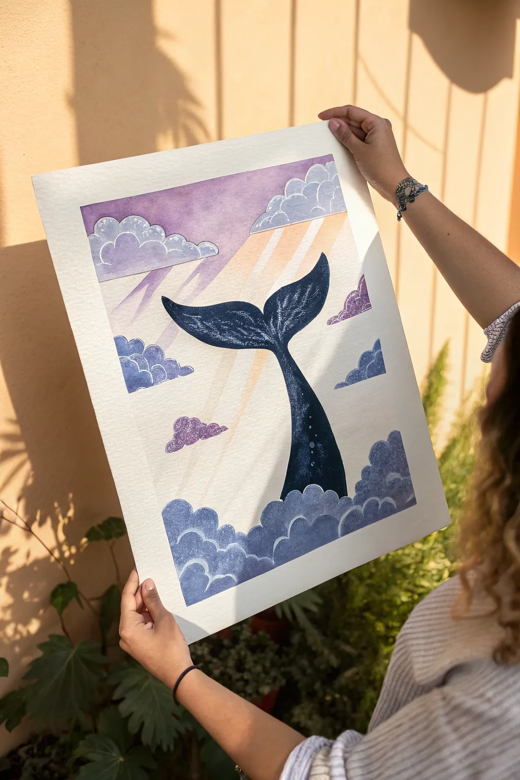 Whale tail pops from dreamy lavender clouds, a cute minimalist painting idea with bold contrast