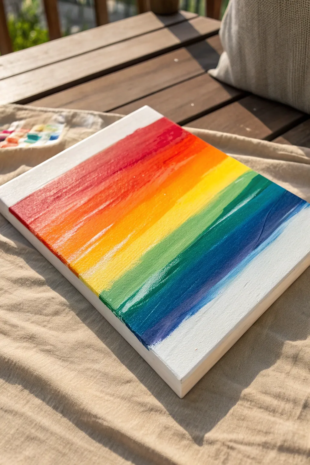 Scrape-paint rainbow stripes with smooth blends and thick texture for modern abstract art.