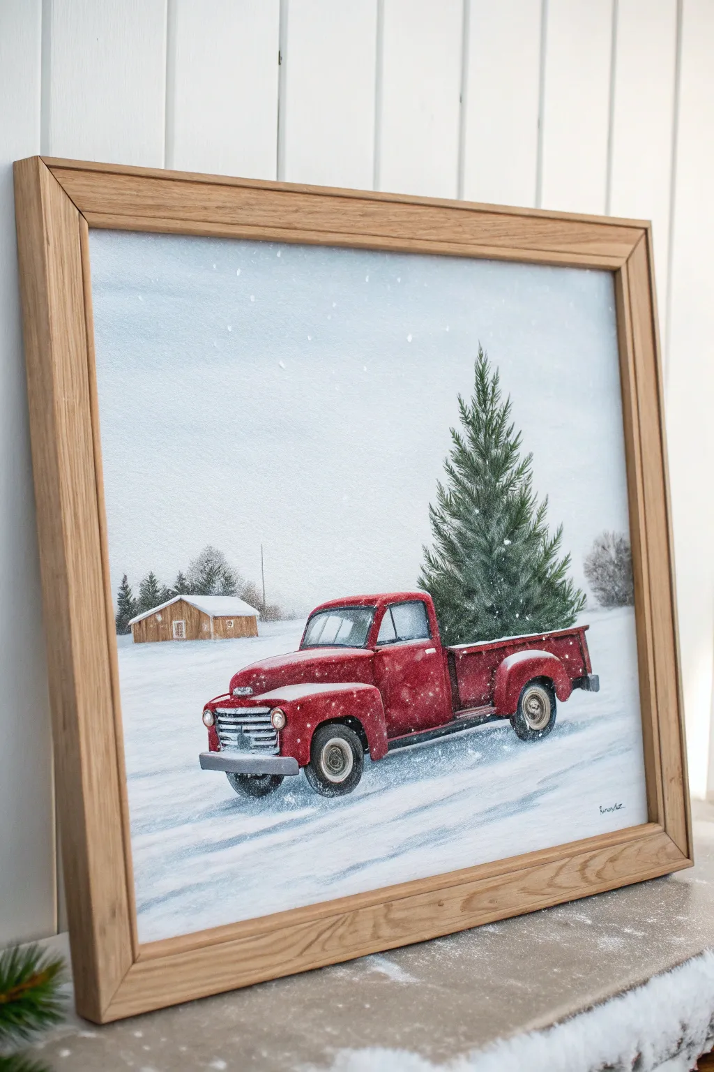 Minimalist red truck with Christmas tree artwork in bold winter contrast, gift-ready and cozy