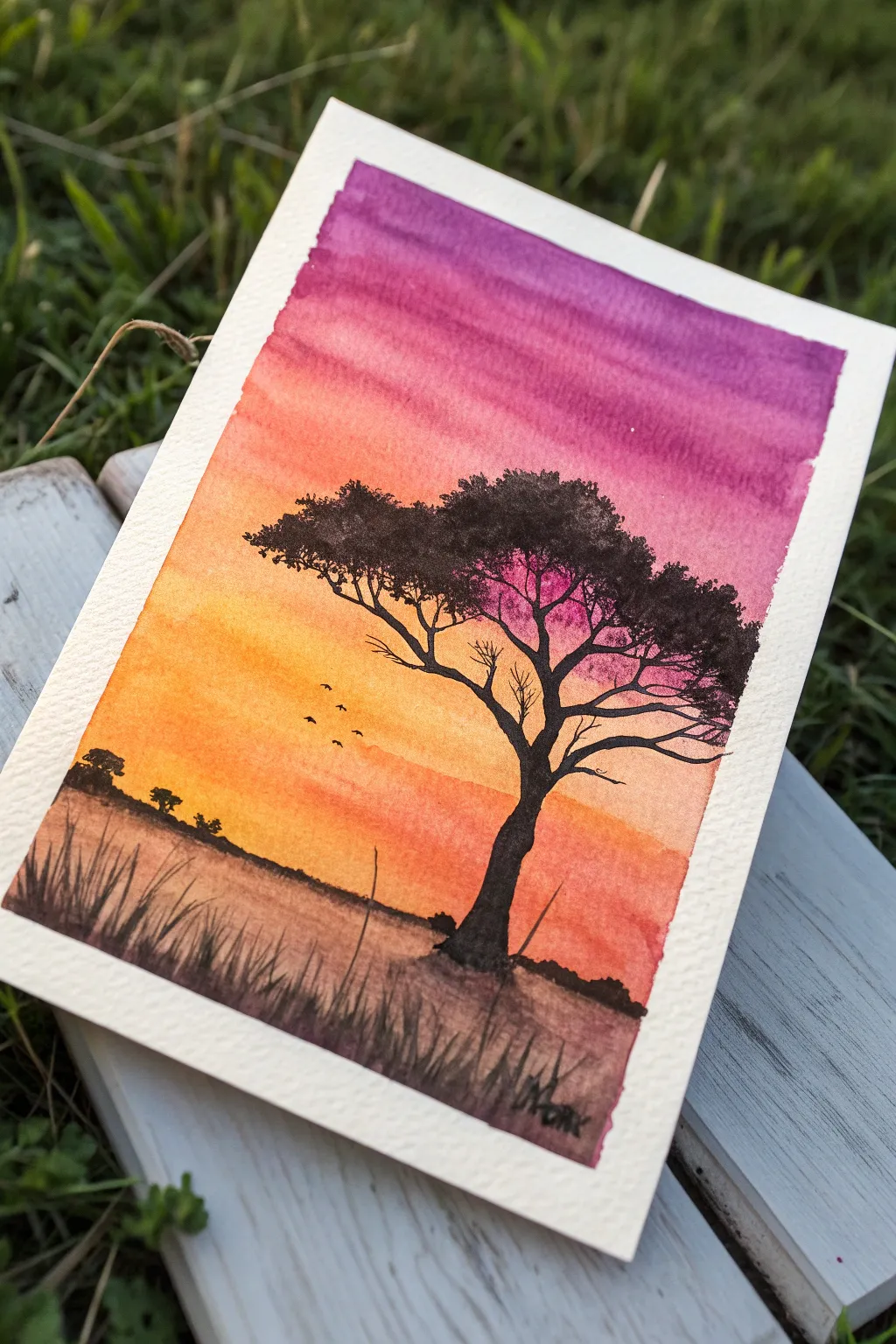 Simple sunset silhouette: bold gradient wash and an easy black skyline kids can paint in minutes