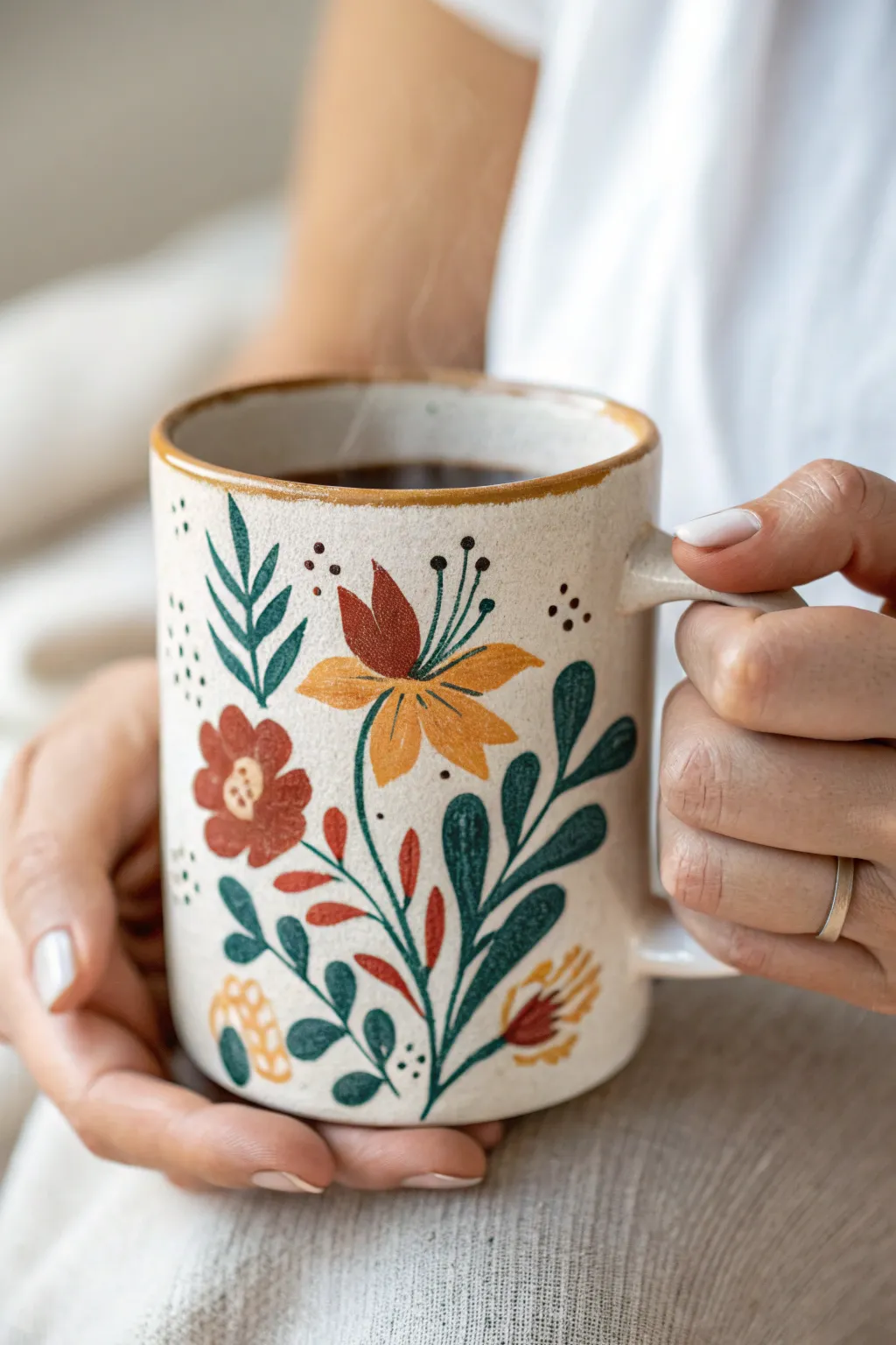Handmade floral painted mug with warm drink vibes, a simple DIY gift your mom will love