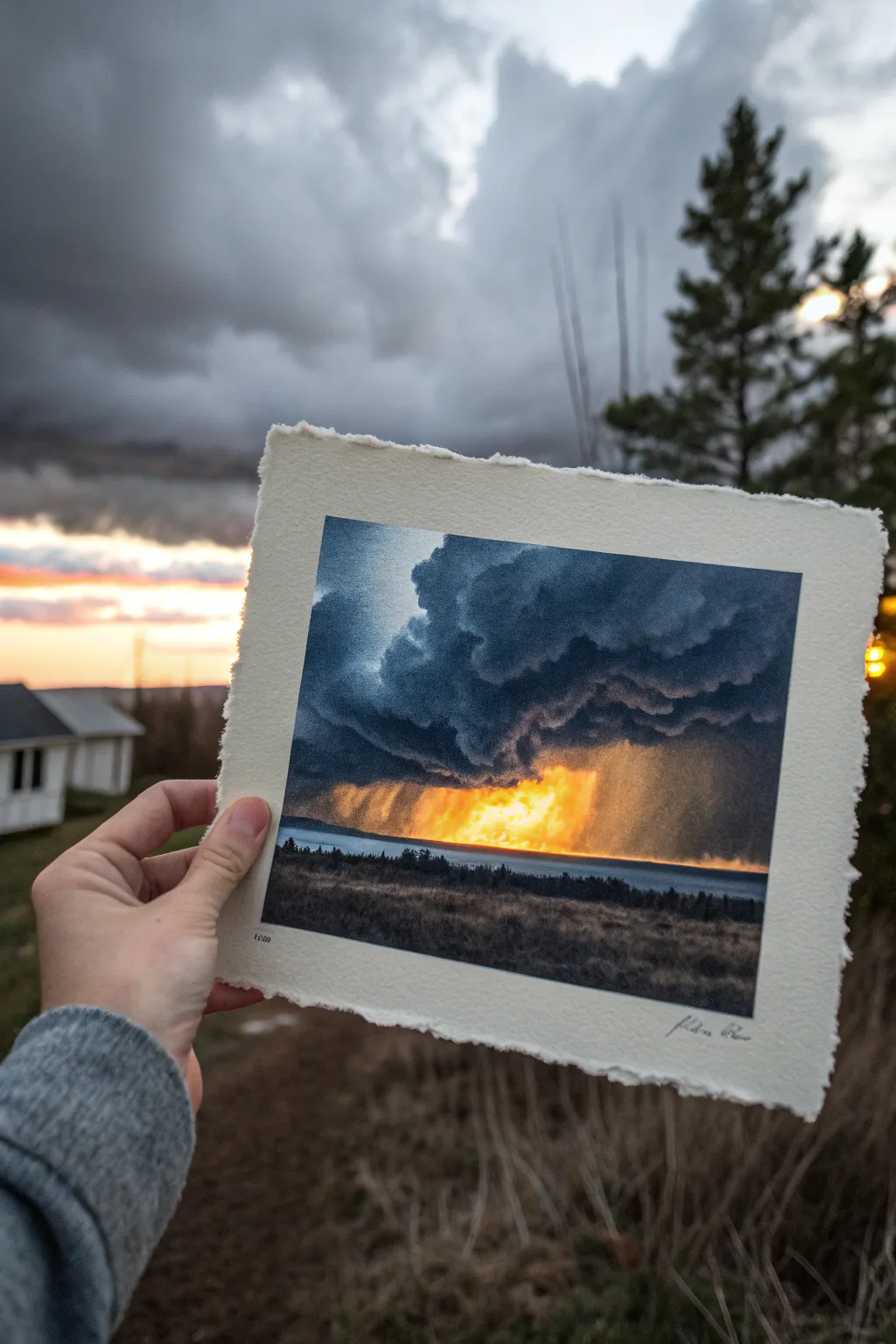 A storm cloud splits just enough to reveal a hidden sun, minimalist contrast of depression and hope.