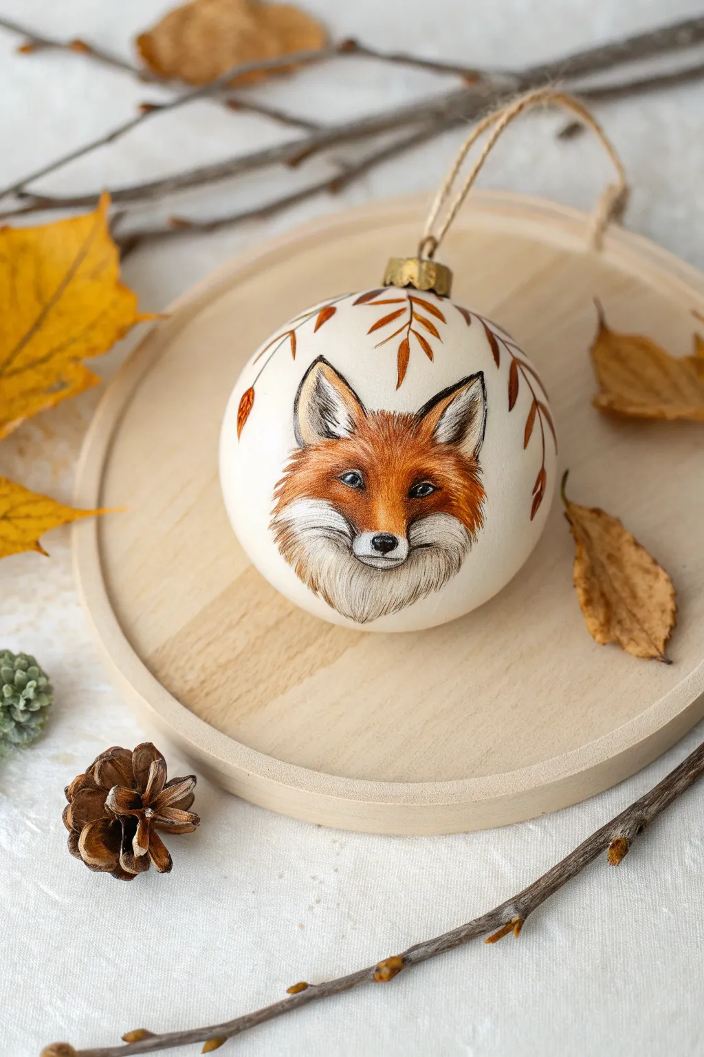 Hand-painted fox ornament in warm autumn tones, styled with dried leaves and wood.