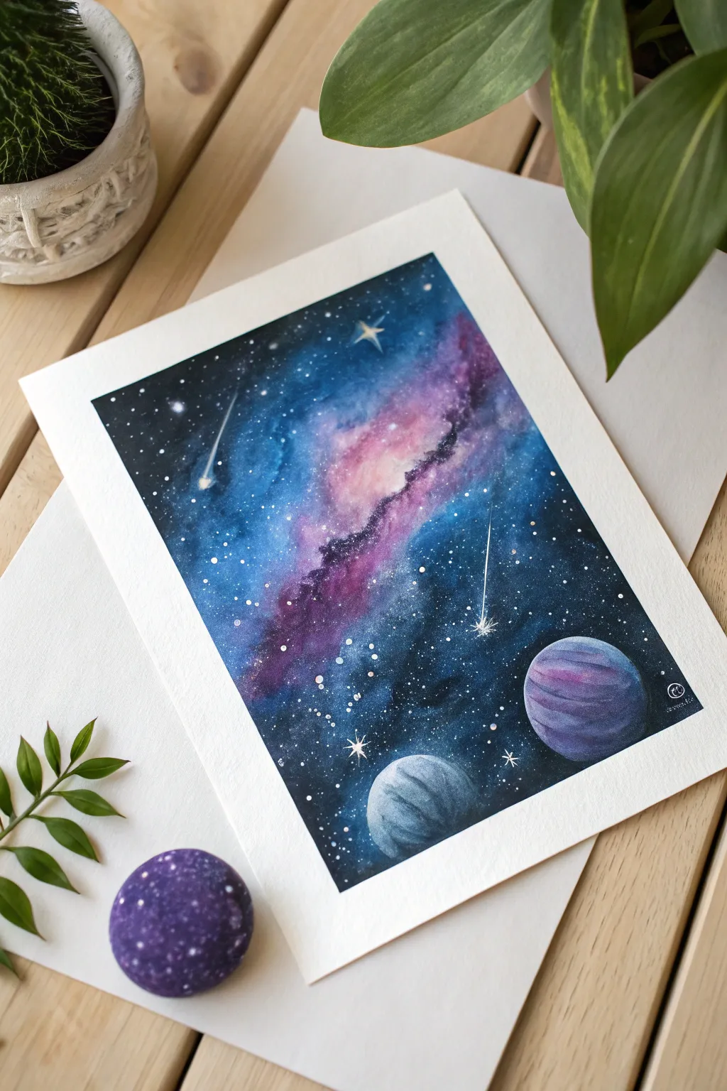 Easy galaxy swirl painting in bold purple blues with softly shaded planets and crisp contrast