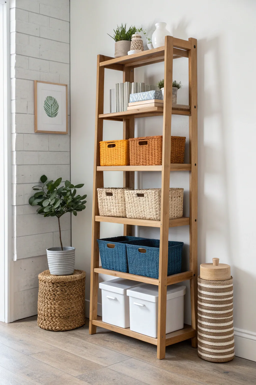 Vertical wall shelves keep supplies up high, leaving calm, open studio space below