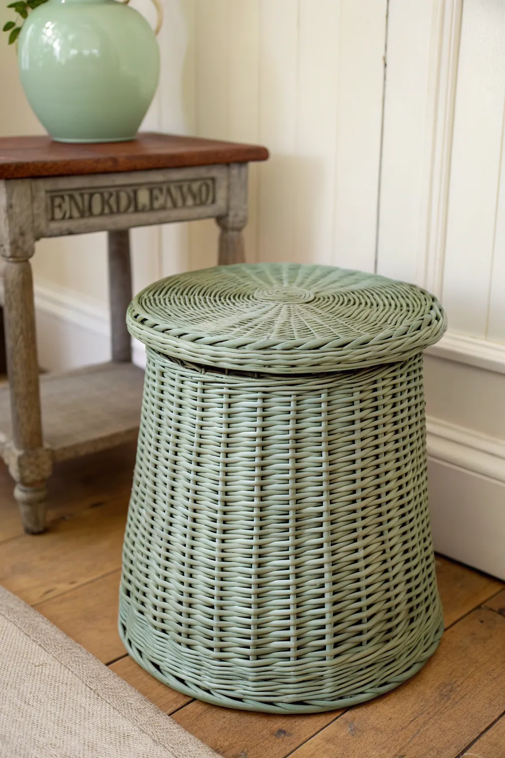 Antiqued glaze brings depth to painted wicker, adding vintage charm with clean Nordic styling.