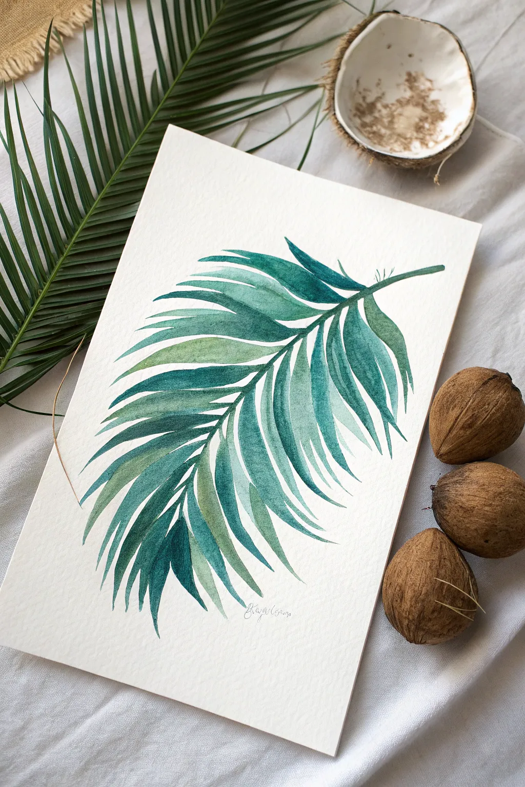 Palm crown with coconuts and tiny highlight strokes for an easy, polished tropical painting