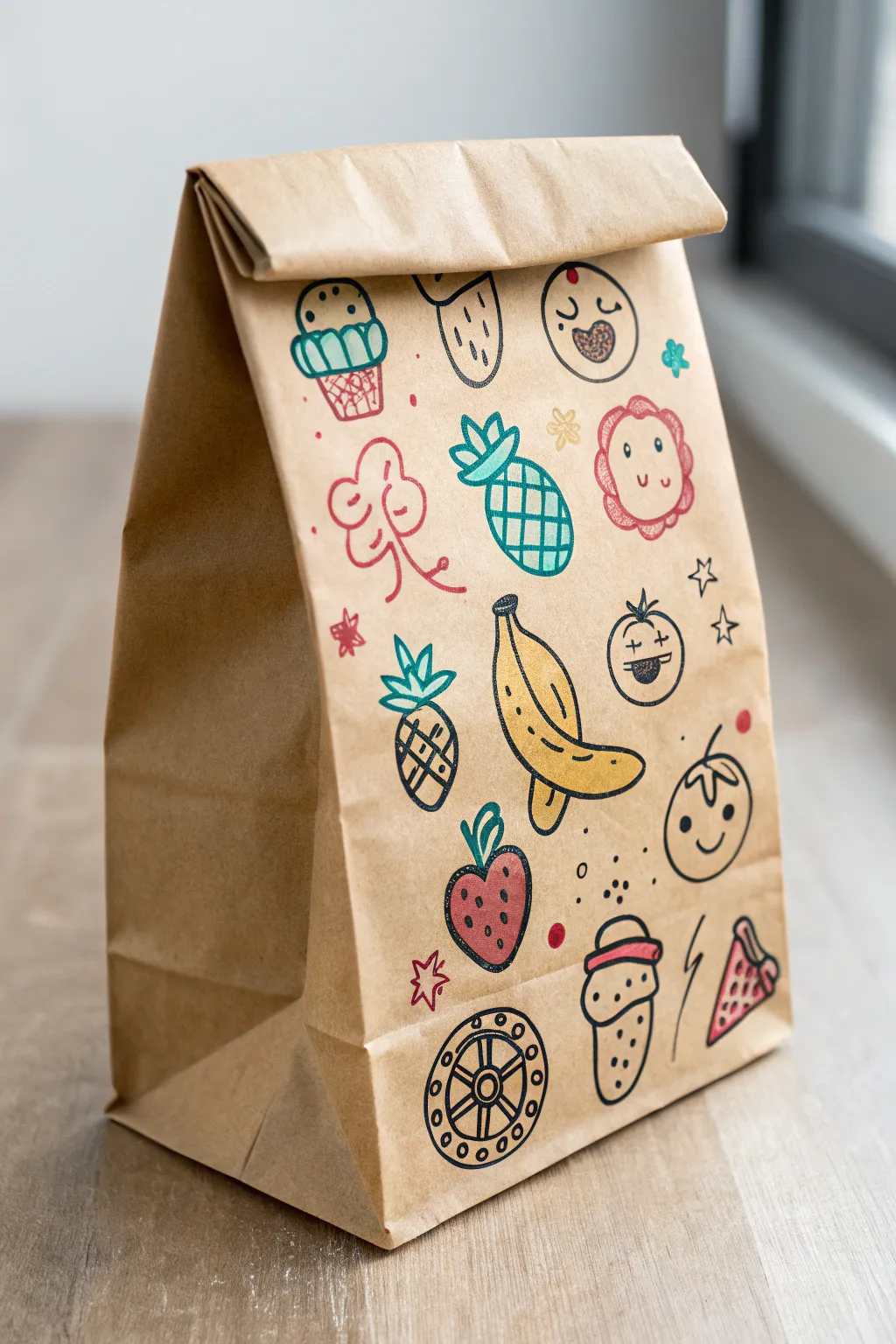 Cute snack doodle characters turn a simple lunch bag into a bold minimalist boho art piece.