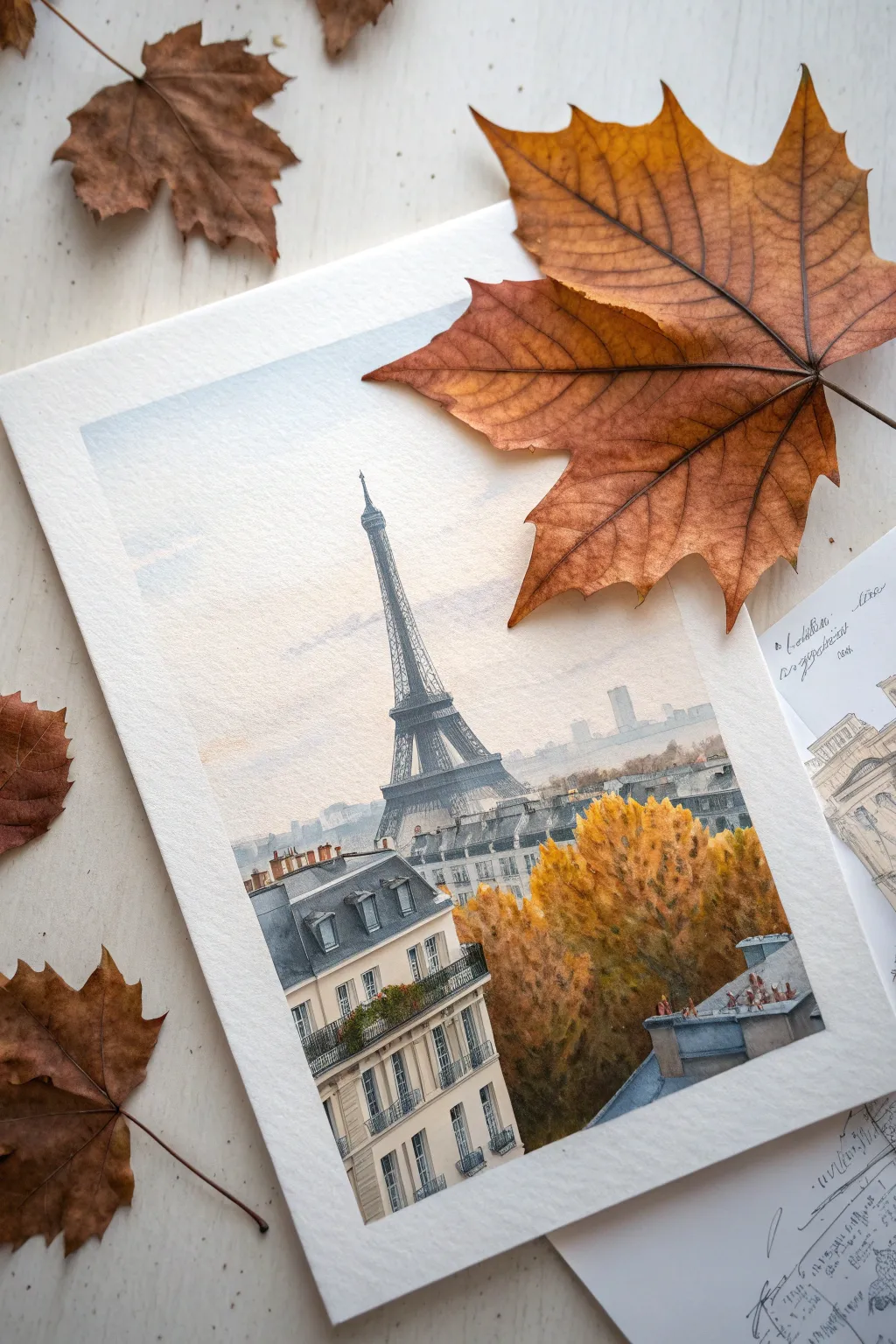 Warm rust leaves meet cool Paris rooftops for an easy autumn Eiffel Tower painting idea.