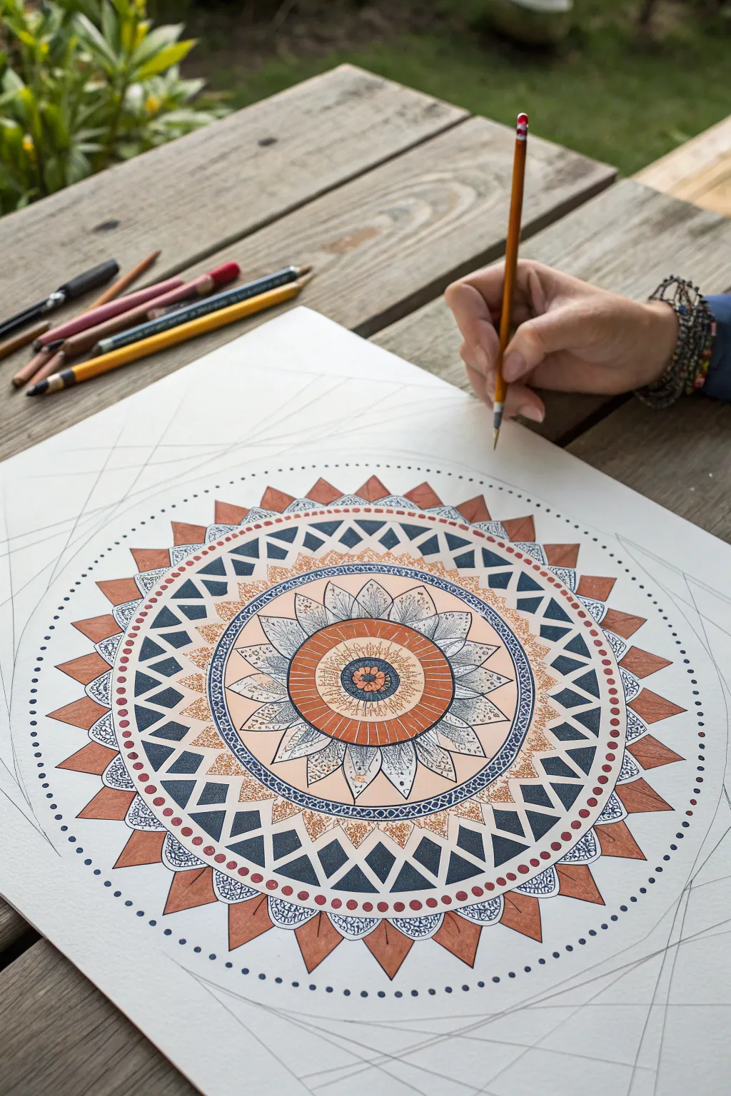 Mandala rings in bold boho colors, pencil guides visible for inspiring radial repeat ideas.
