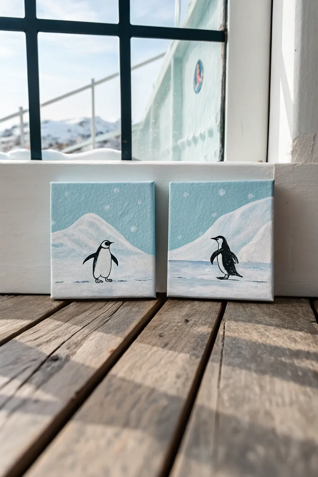 Ice-skating penguins diptych: two mini canvases that meet in the middle for a sweet scene