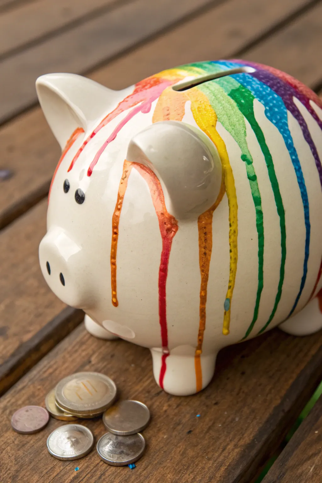 Clean base coat + controlled rainbow drips for a bold, modern boho piggy bank DIY.