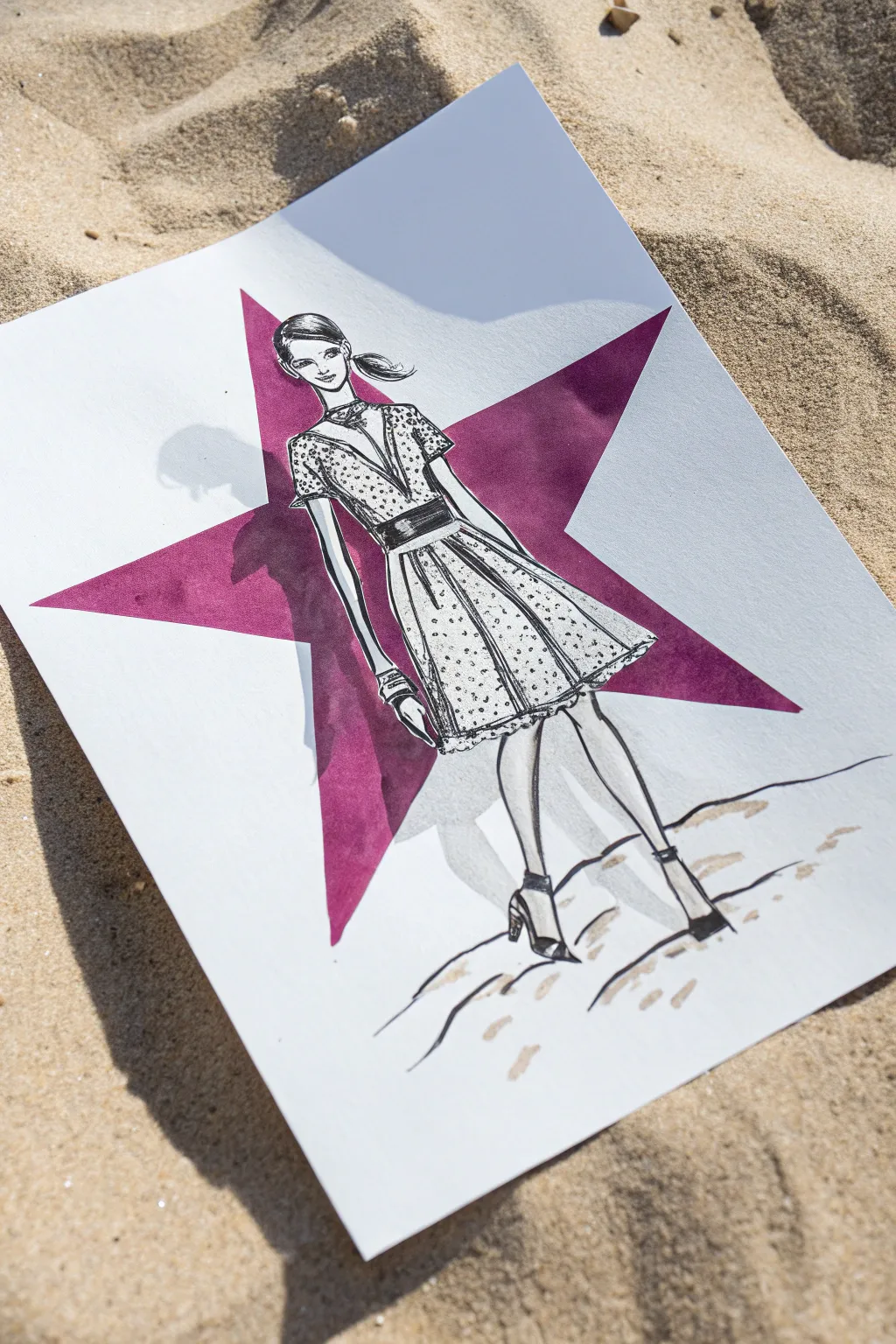Bold pink fashion sketch with dramatic shadows on a minimalist backdrop for chic Pinterest vibes