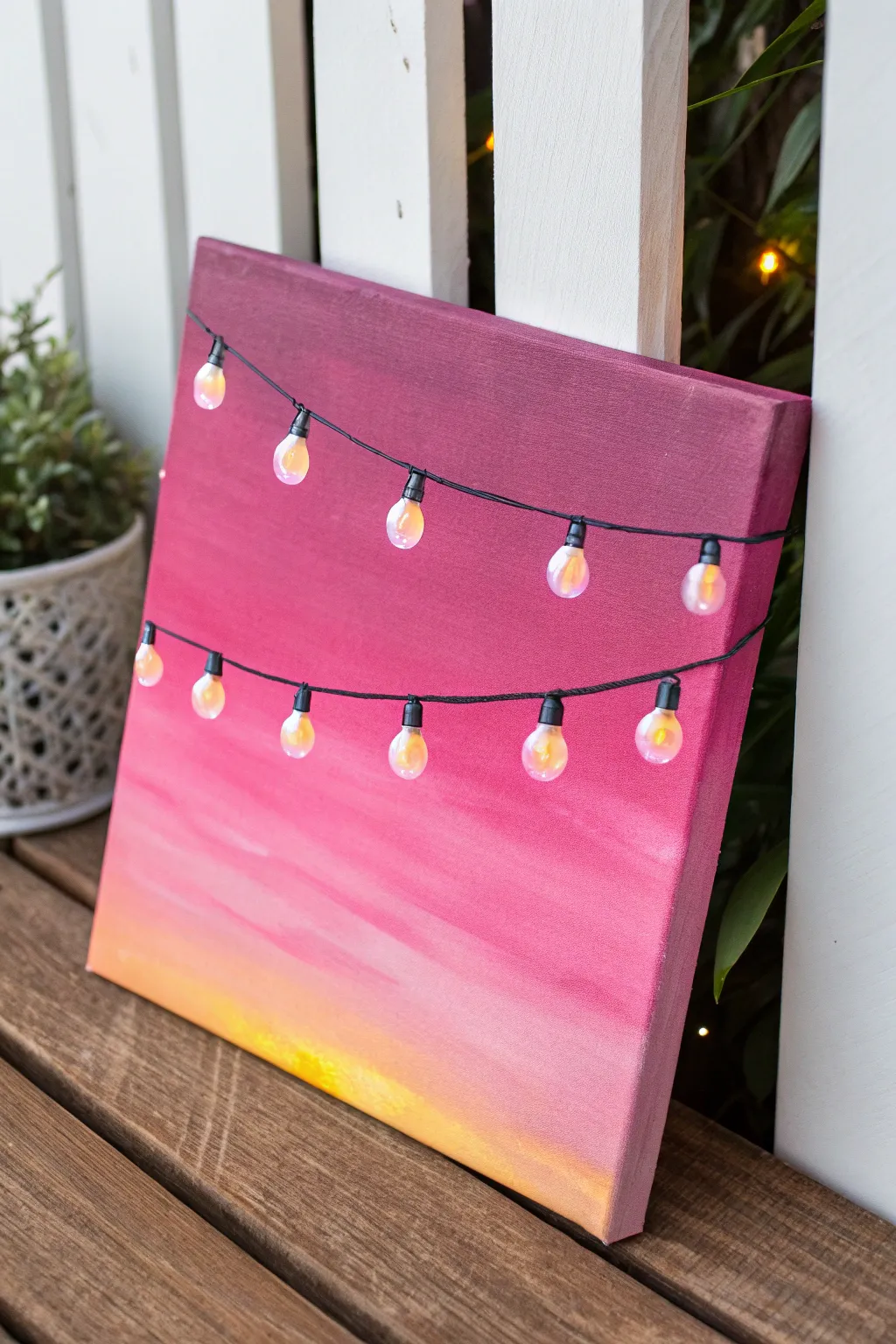 Easy pink painting idea: string lights glowing over a dreamy twilight gradient sky