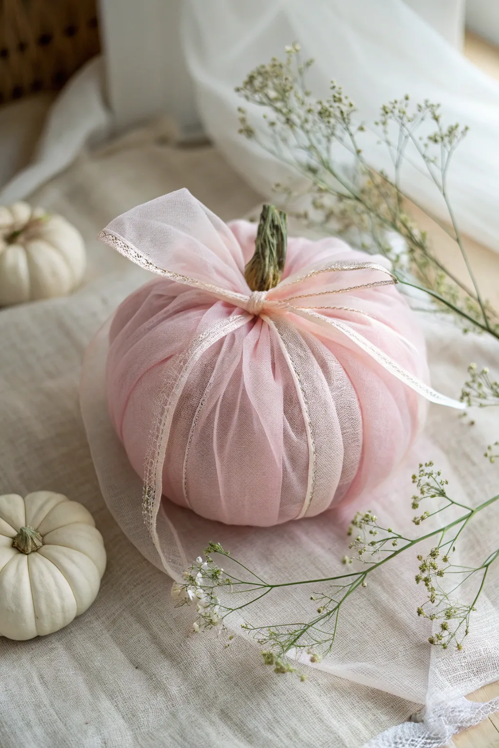 Romantic pink pumpkin wrapped in airy tulle for soft texture and striking minimal contrast