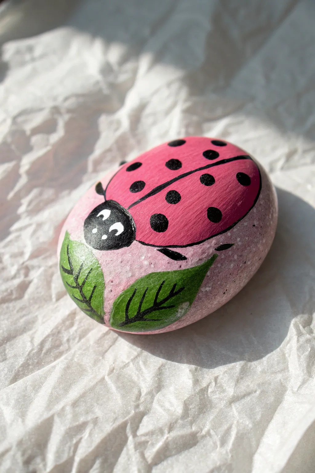 Sweet pink ladybug rock on a painted leaf, minimalist Scandinavian look with bold contrast