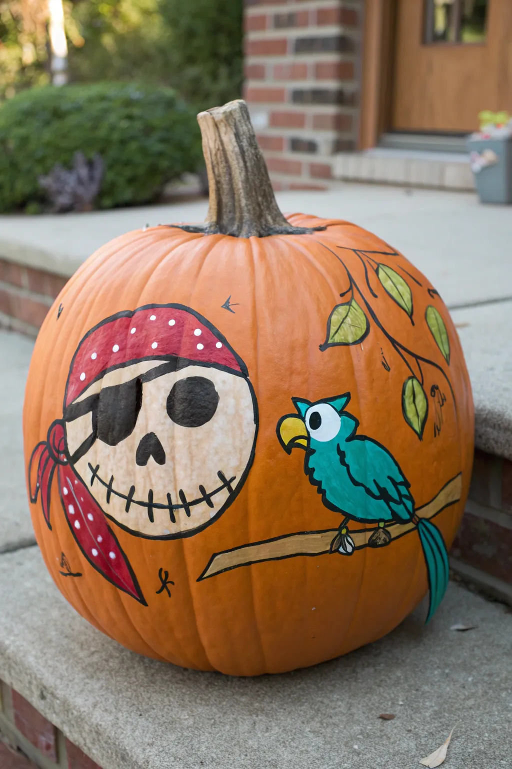 Paint a bold parrot sidekick on your pirate pumpkin for striking, minimalist boho contrast.