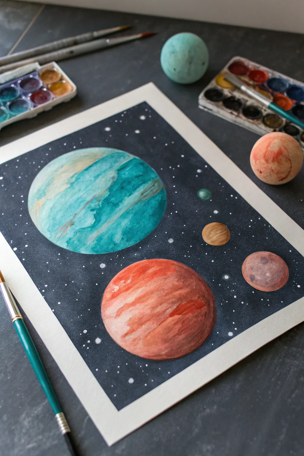 Create instant depth: one giant edge-cropped planet with tiny planets fading into starry space