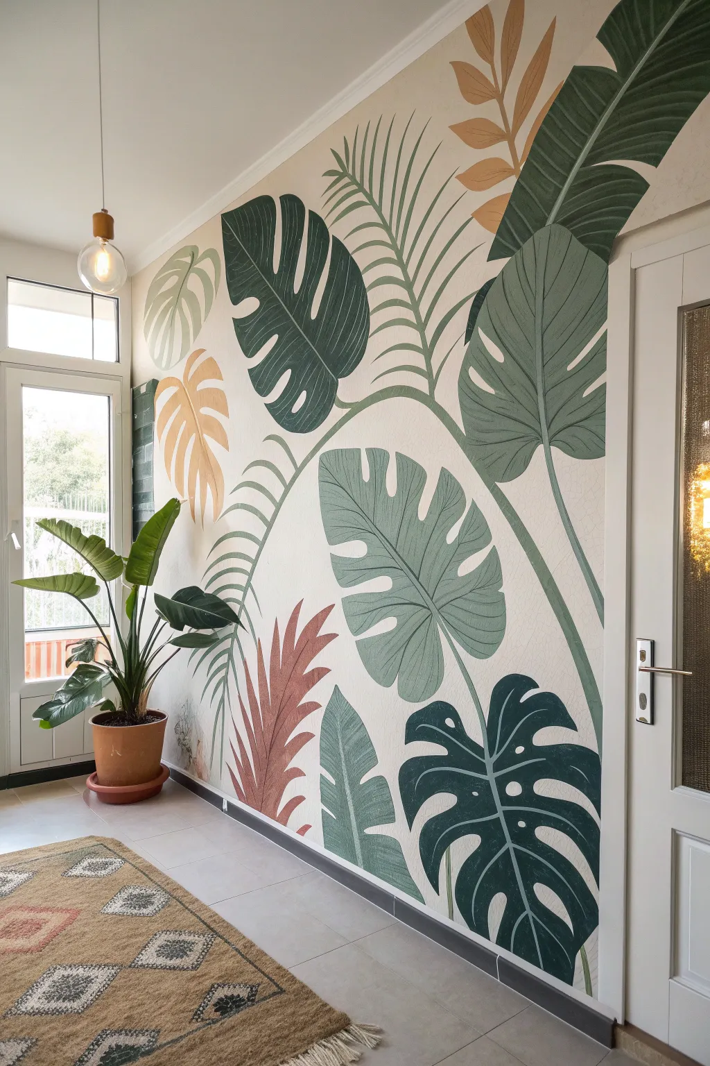 Color-blocked leaf mural in sage and terracotta for a chic, cohesive Scandinavian-boho room
