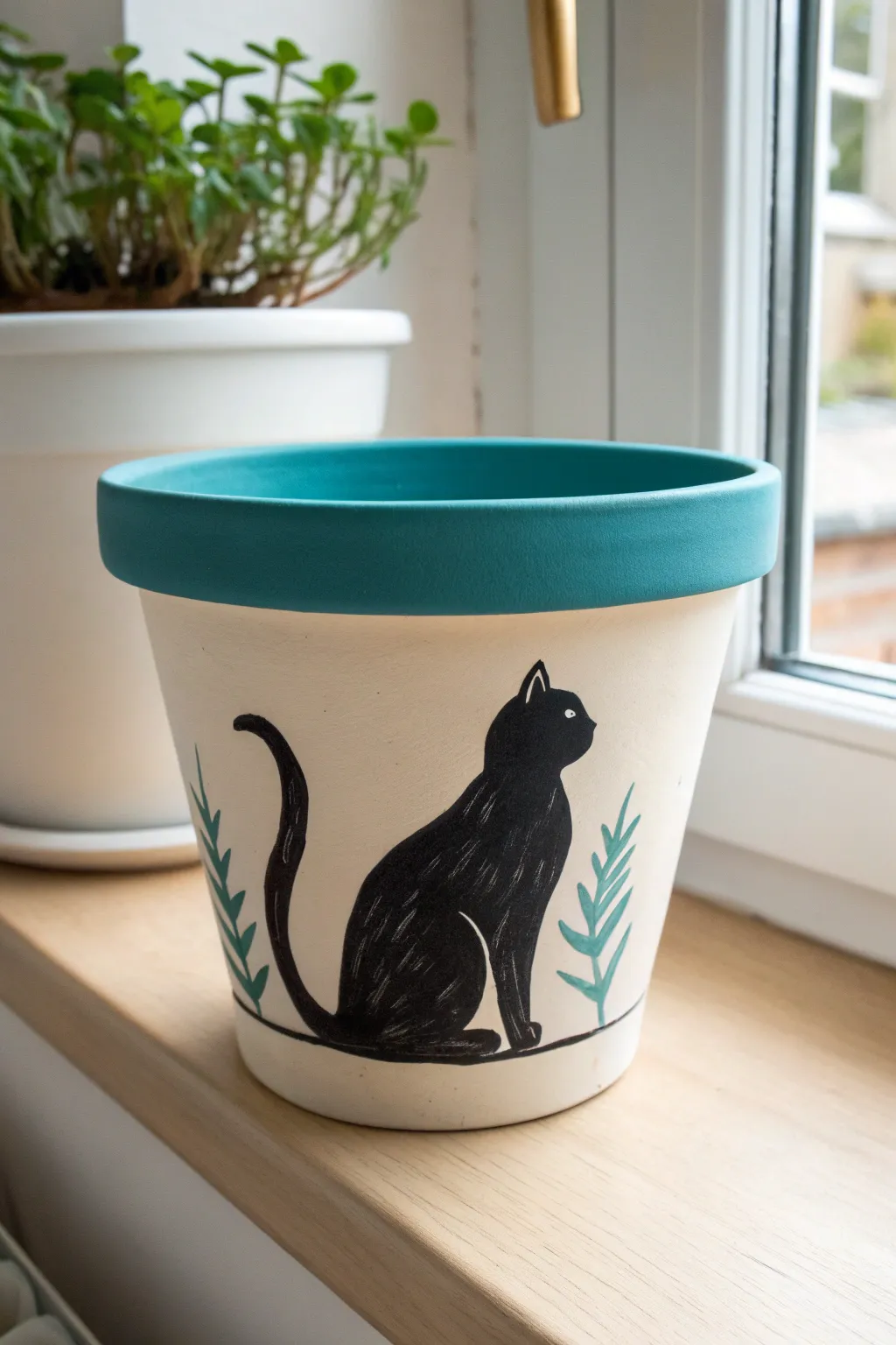Minimalist plant pot with bold cat silhouette, Scandinavian boho vibe, high-contrast DIY inspo.