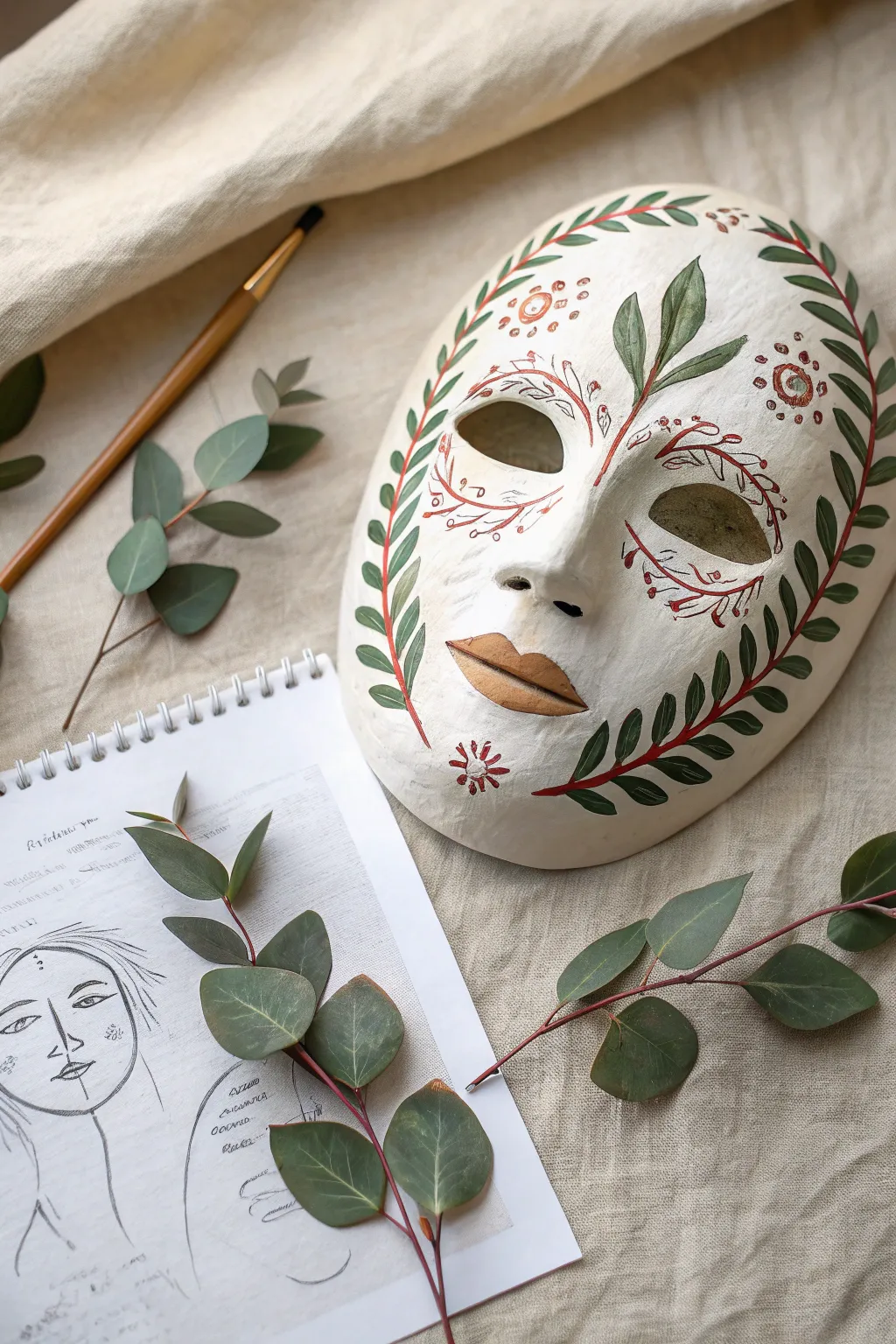DIY plaster mask with a leafy vine wreath design, minimal boho styling and bold green contrast