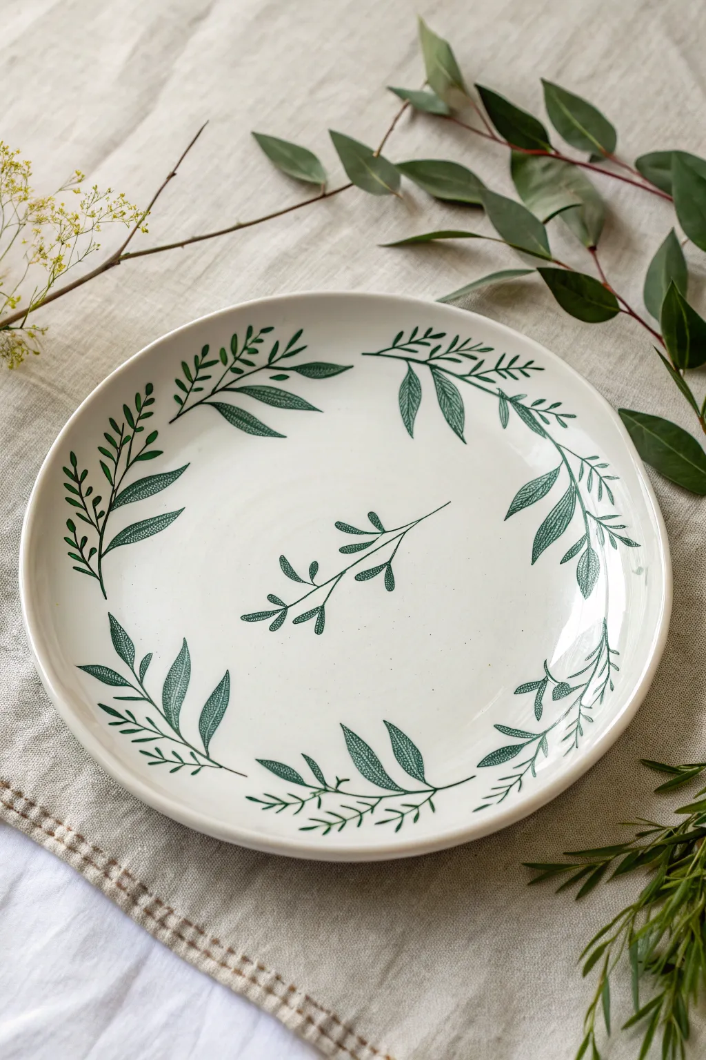 Modern botanical line art platter with clean single-line leaves for a minimalist handmade look