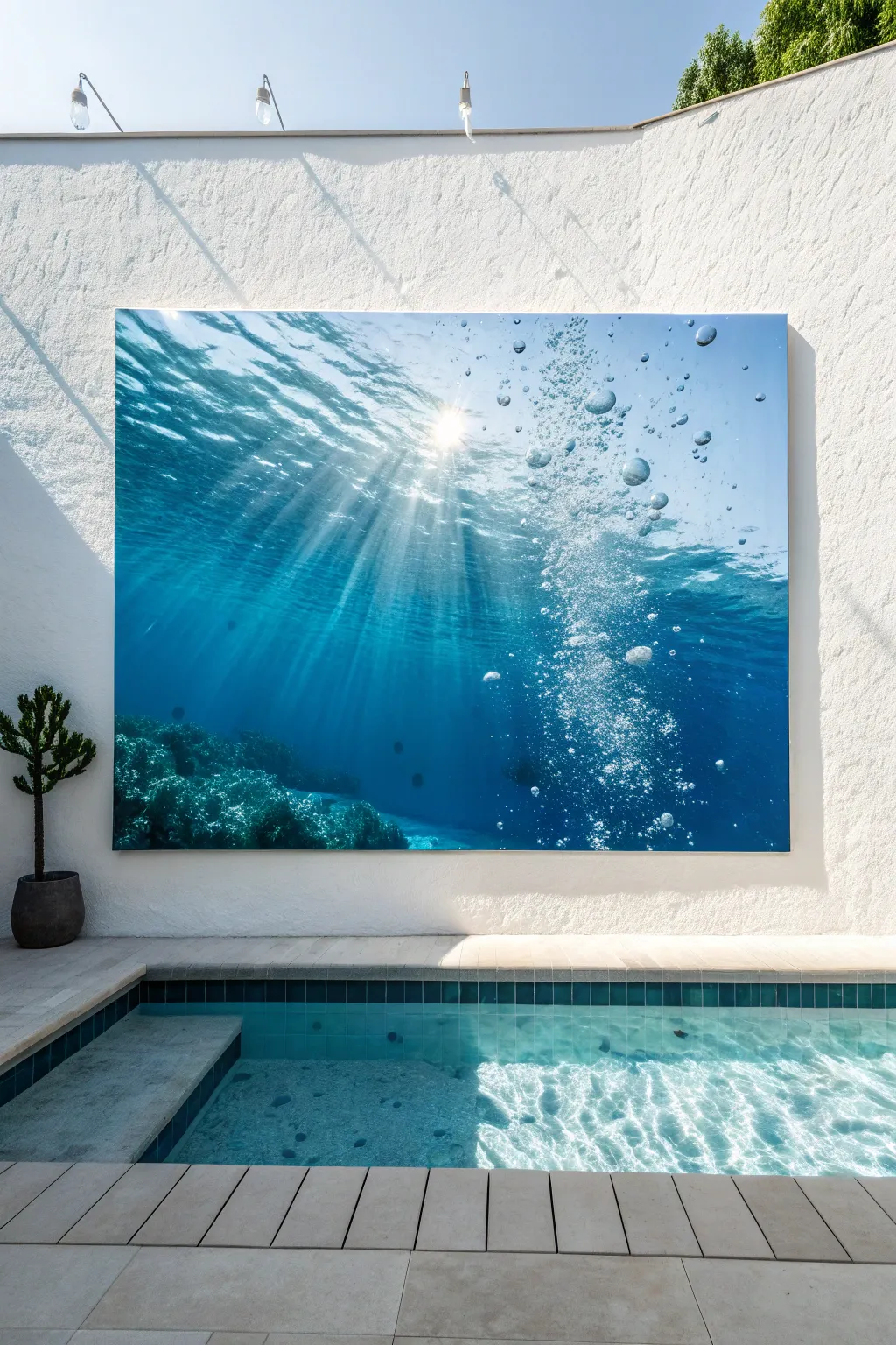 Underwater-inspired pool mural: floating bubbles and sunlit refraction rays in bold minimalist color.