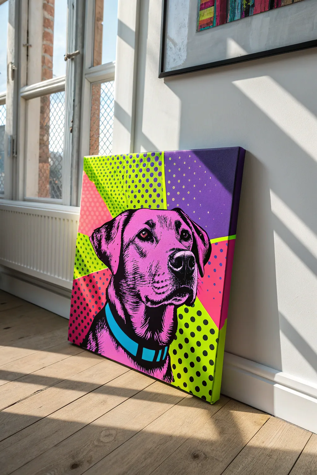 Neon pop pet portrait: bold hues, black outlines, and a playful pattern for instant wall wow