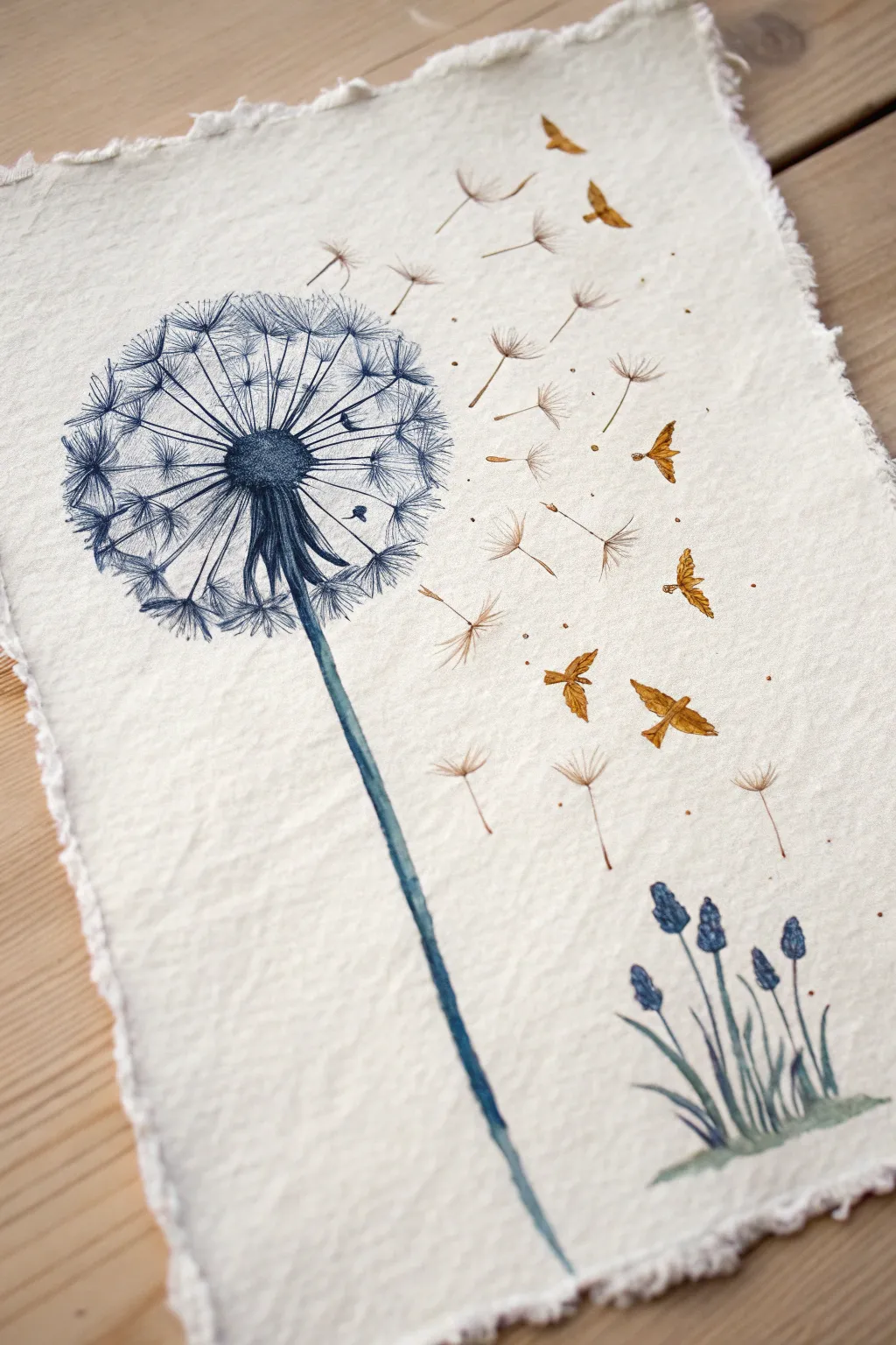 Dandelion seeds turning into birds, a simple watercolor reminder to let go and feel lighter.