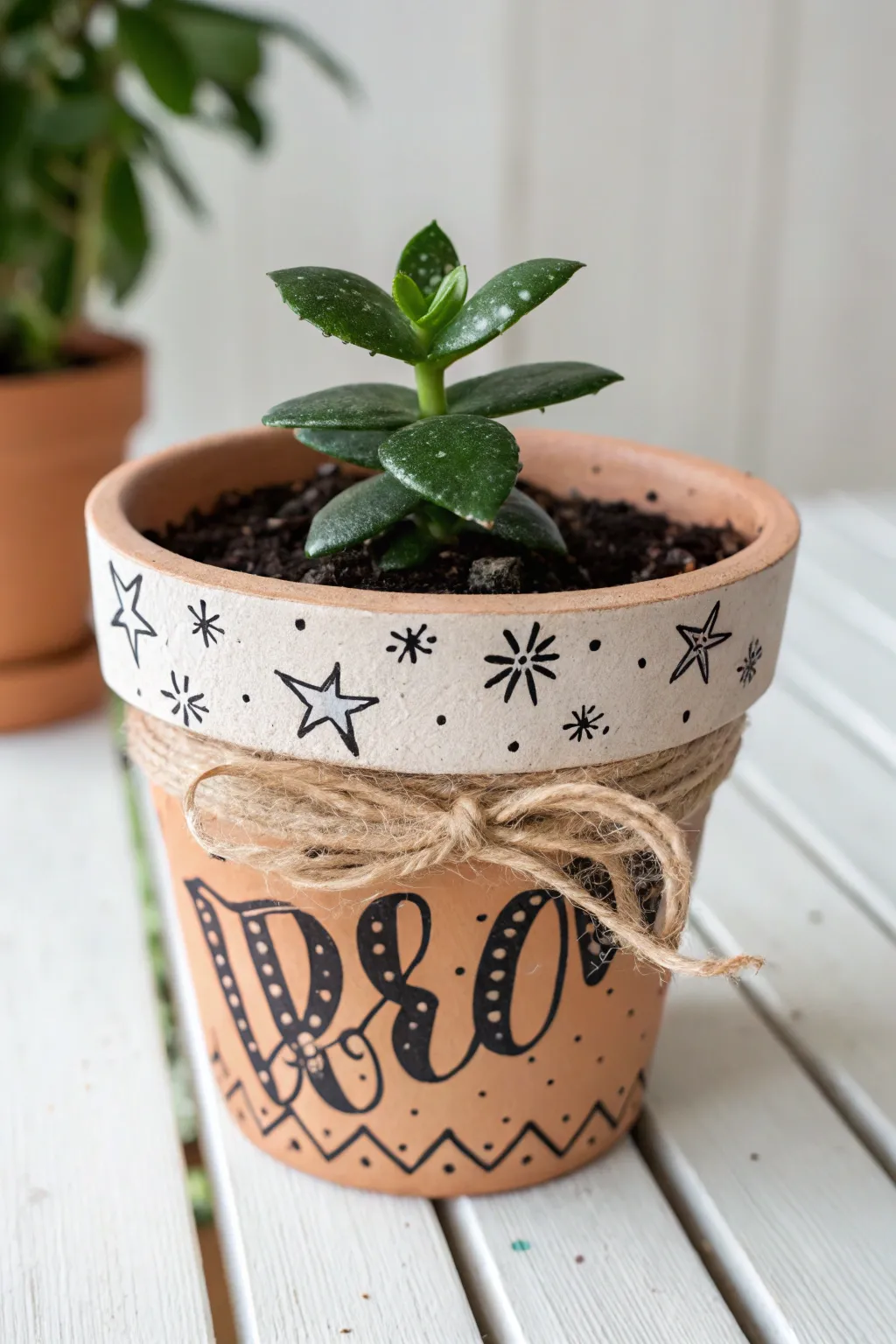 Simple pot drawing idea: bold hand-lettering look with tiny star doodles for a giftable finish.